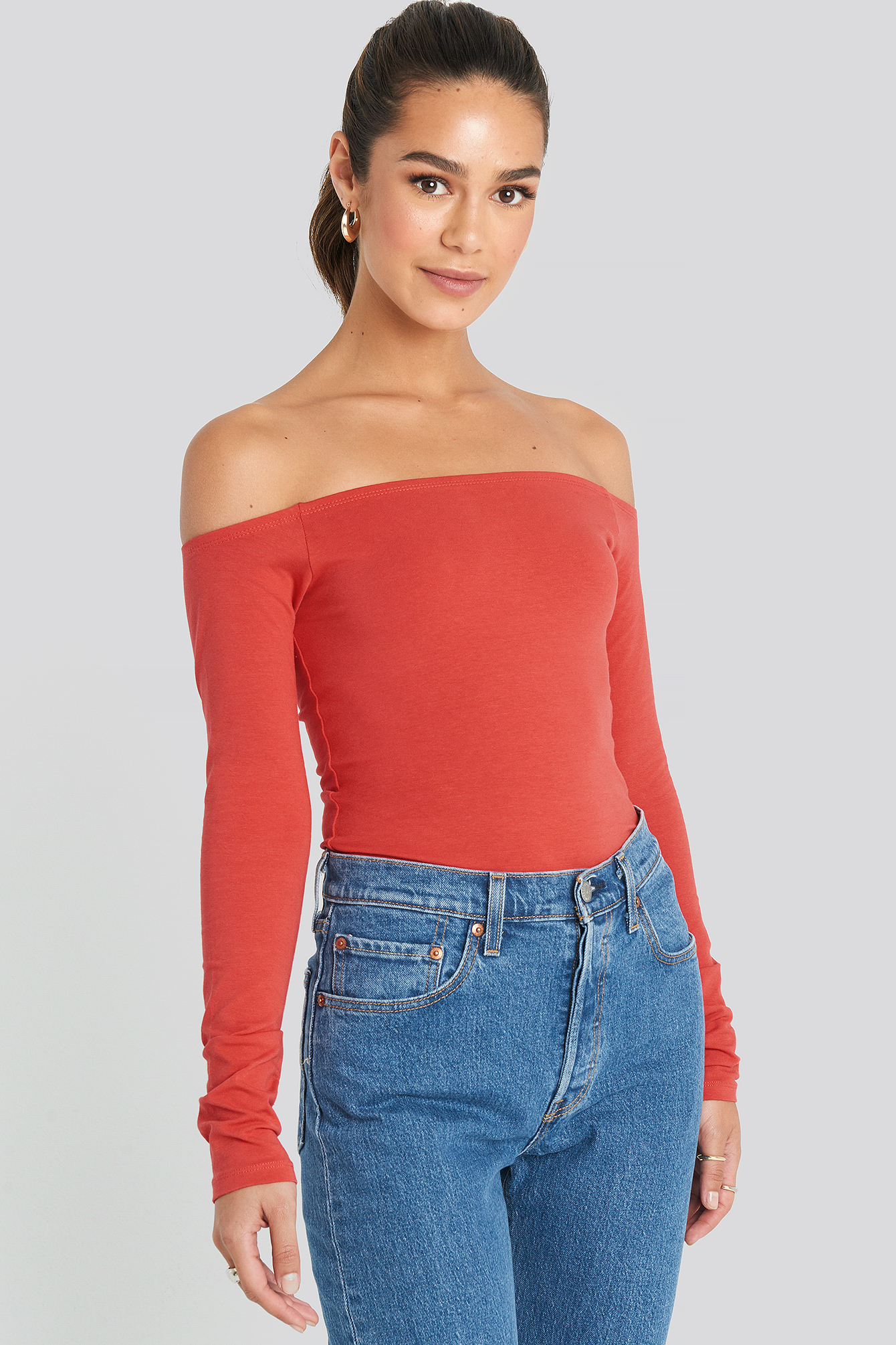 Long Sleeve Off Shoulder Top Bright Red