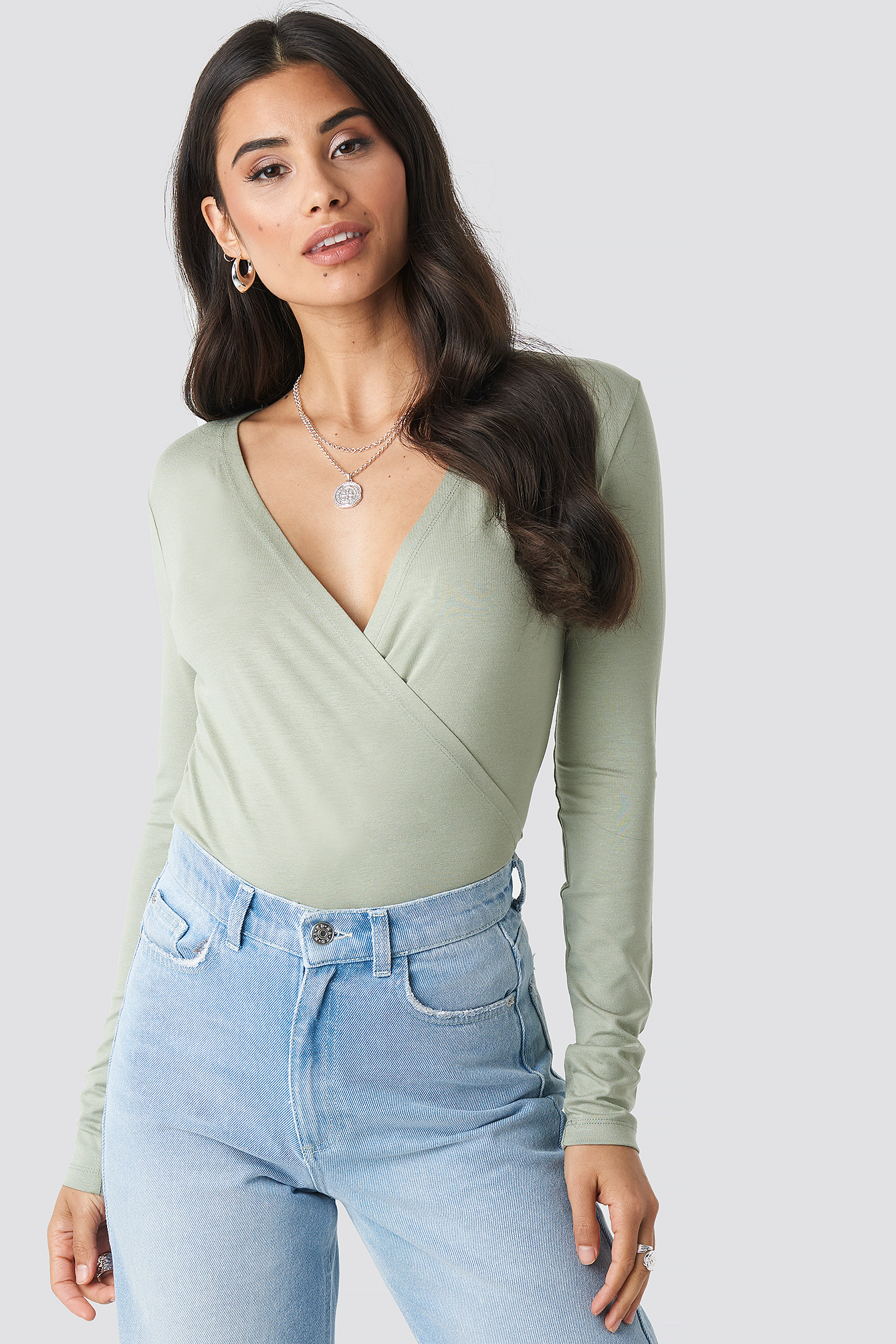 Long Sleeve Overlap Top Light Khaki