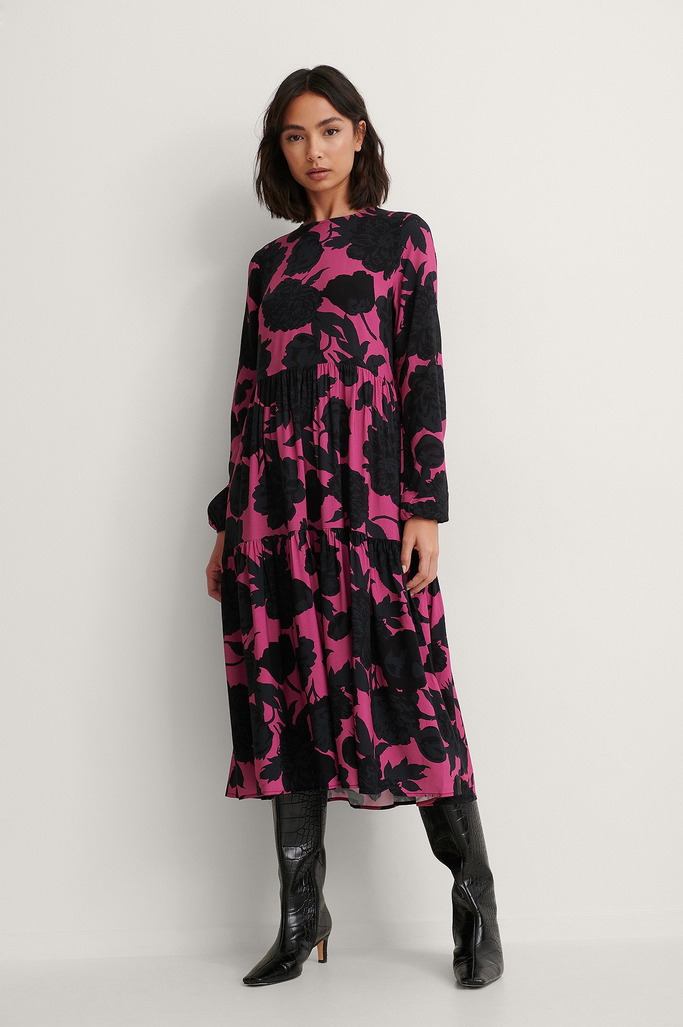 Black/Pink Print Long Sleeve Printed Flounce Dress