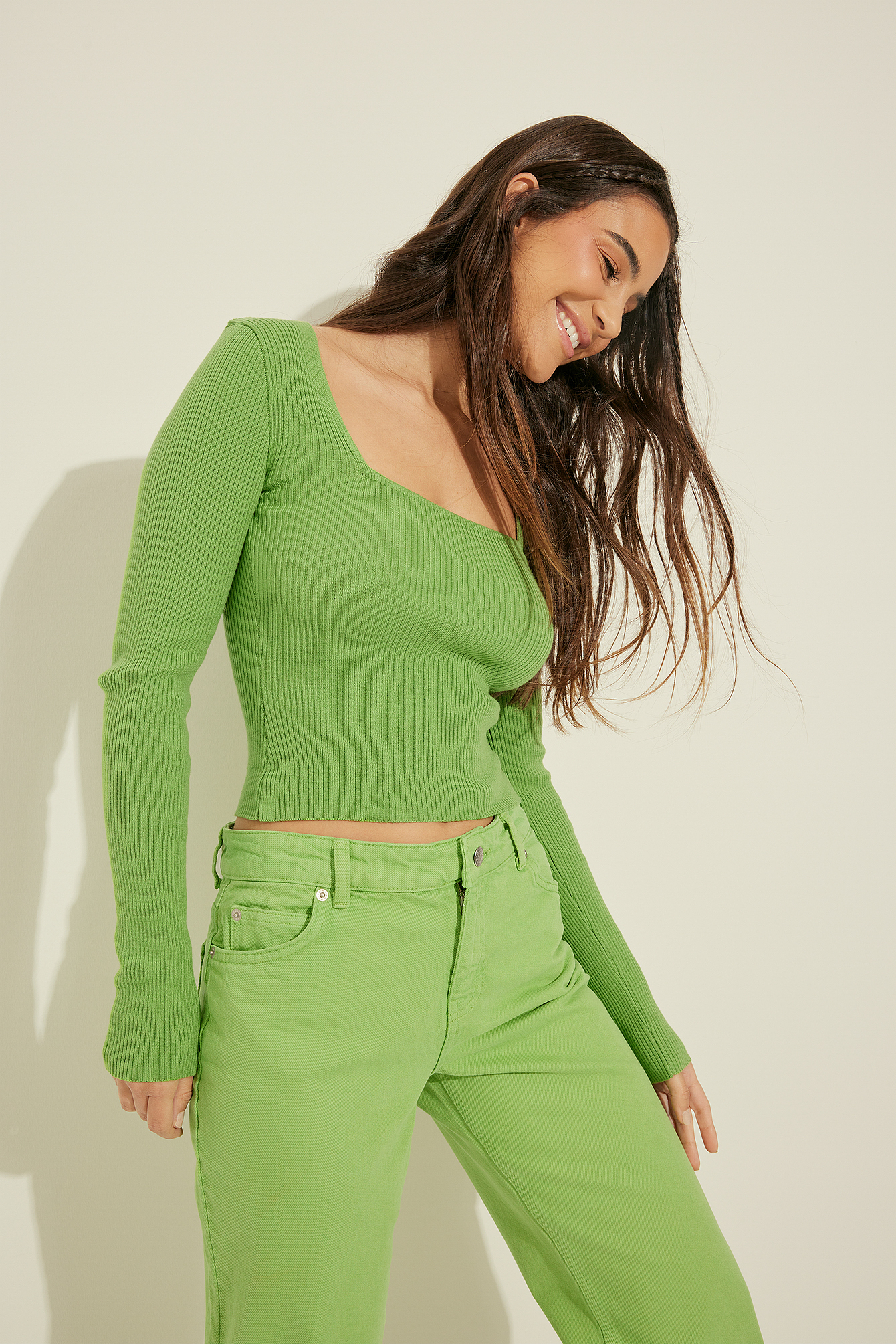 Long Sleeve Ribbed Top Green | na-kd.com
