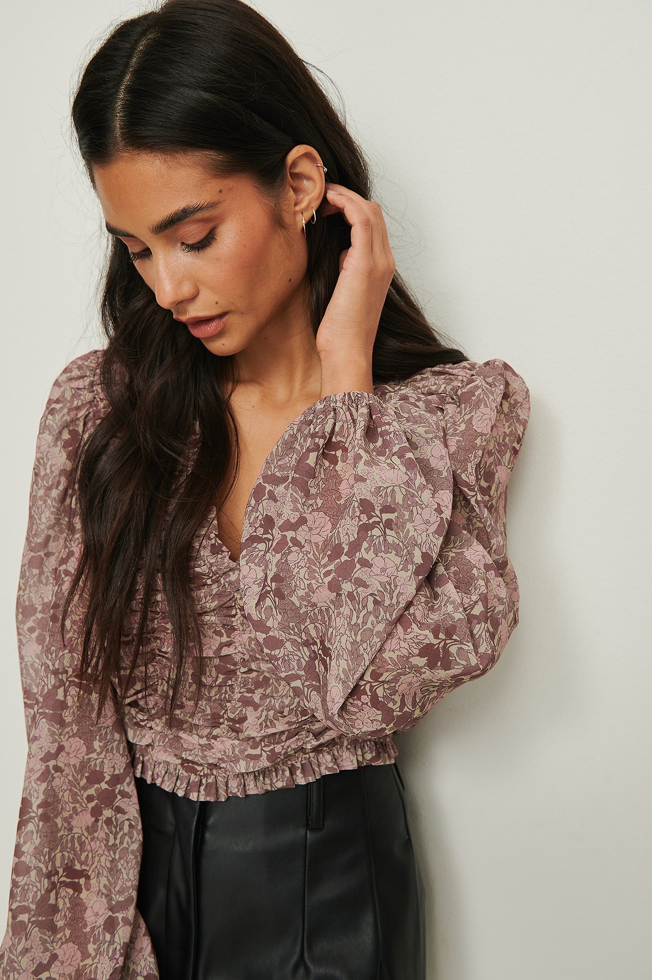Nude Pink Floral NA-KD Boho Recycled Long Sleeve Ruffle Blouse