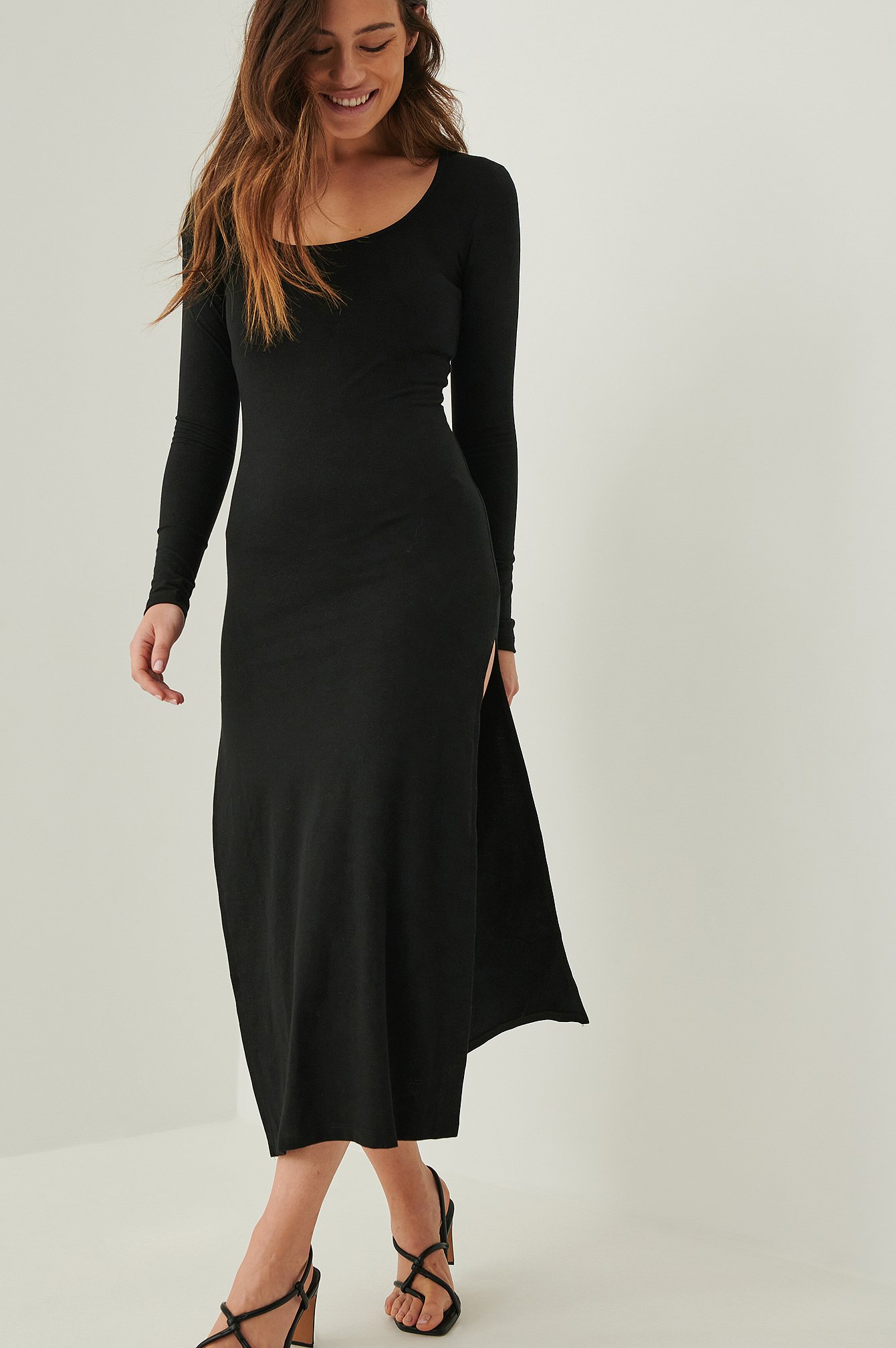 Black Recyled Long Sleeve Slit Dress