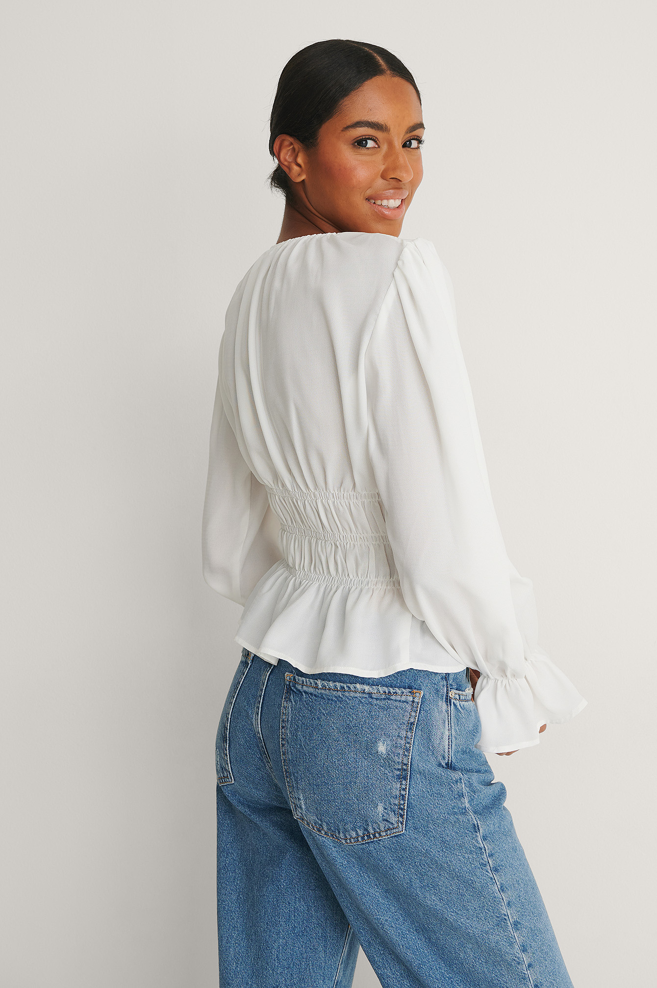 Long Sleeve Smock Waist Frill Top White 