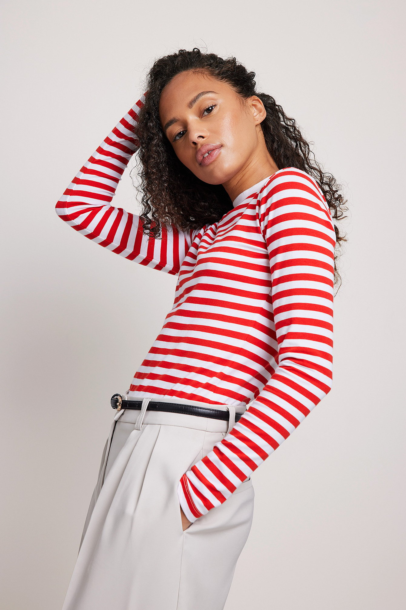 Red/White Long Sleeve Striped Fitted Top