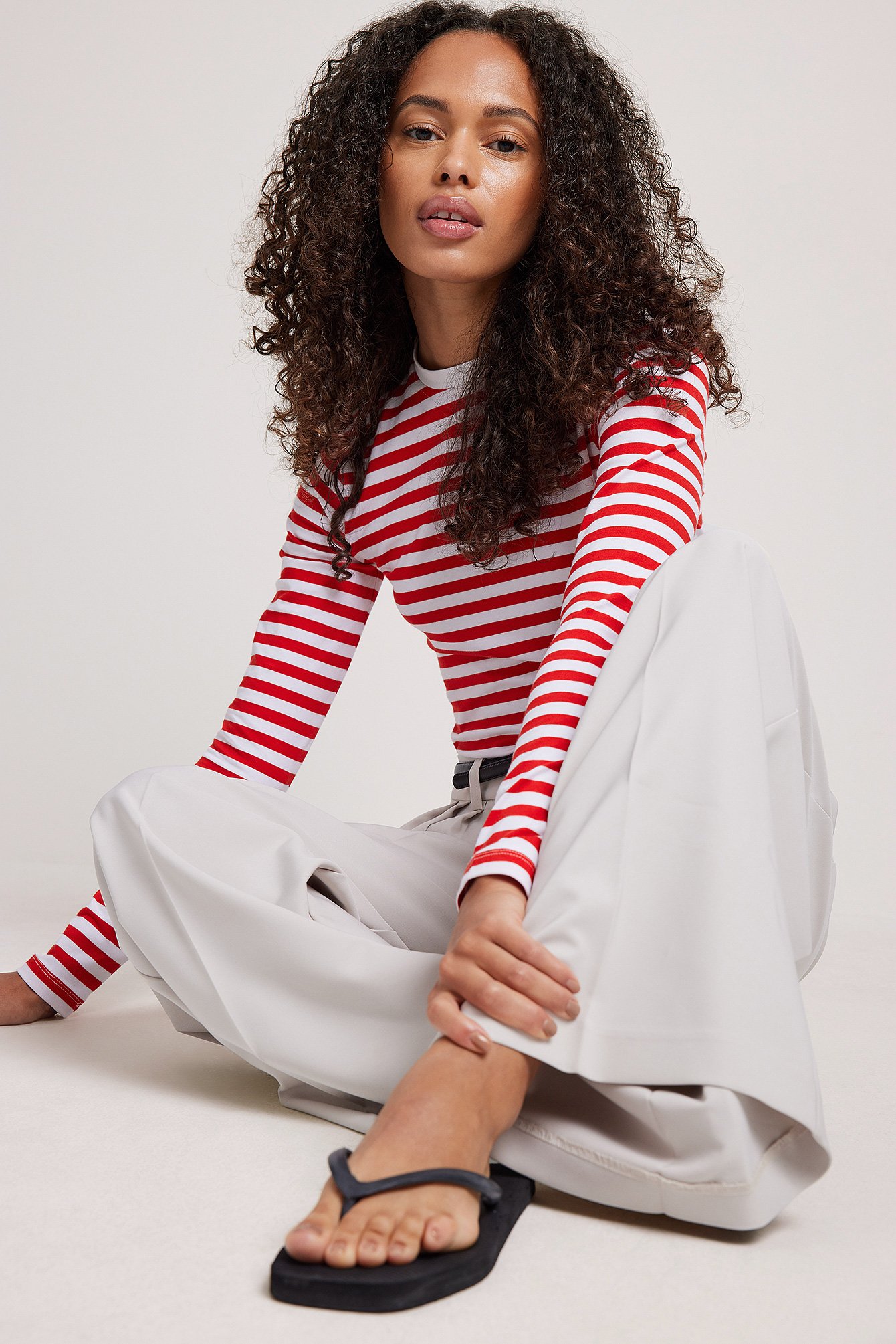 Red/White Long Sleeve Striped Fitted Top