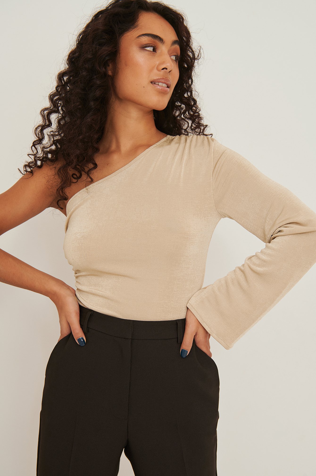 Beige Recycled Long Sleeved One Shoulder Draped Top