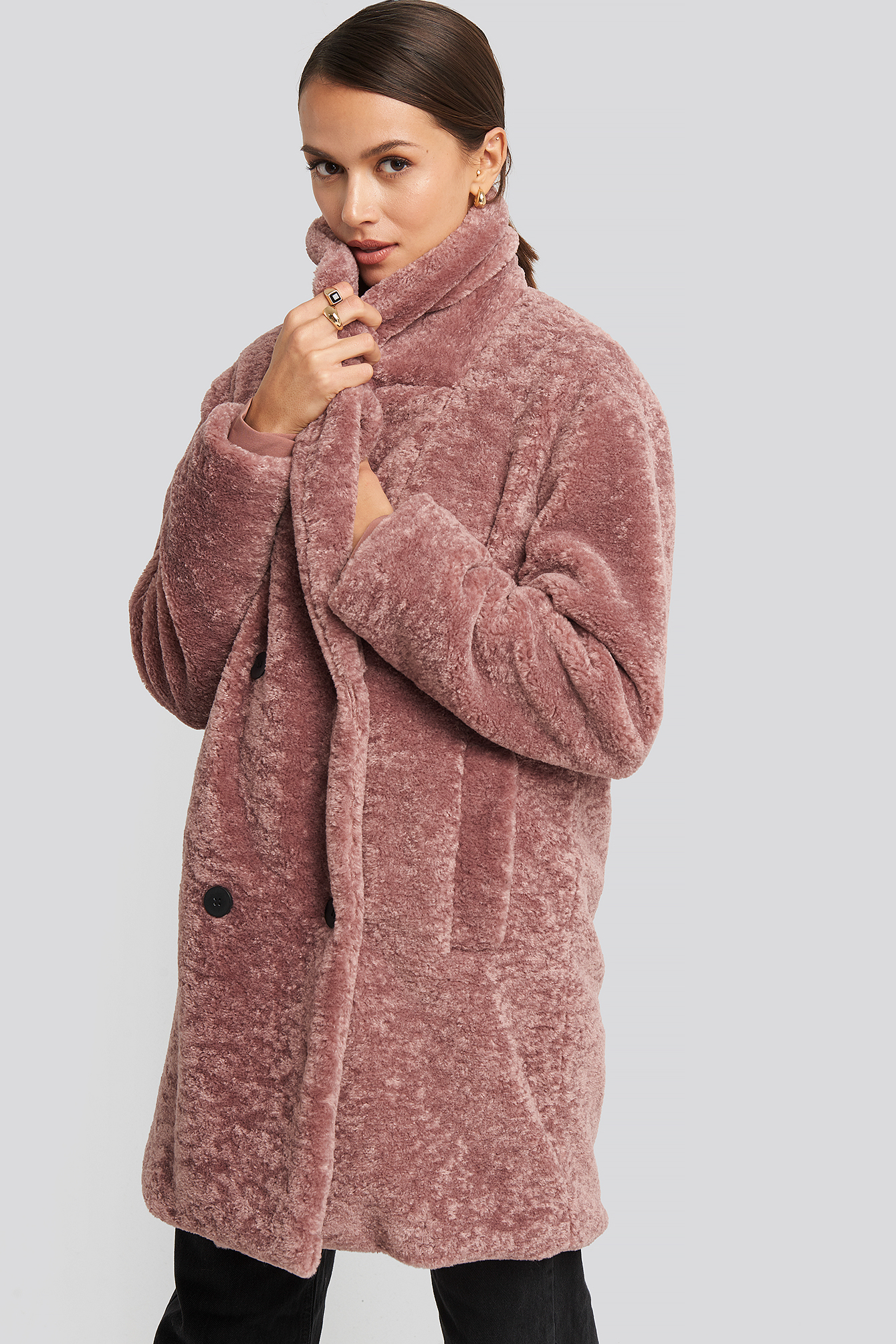 Long Teddy Coat Dusty Dark Pink