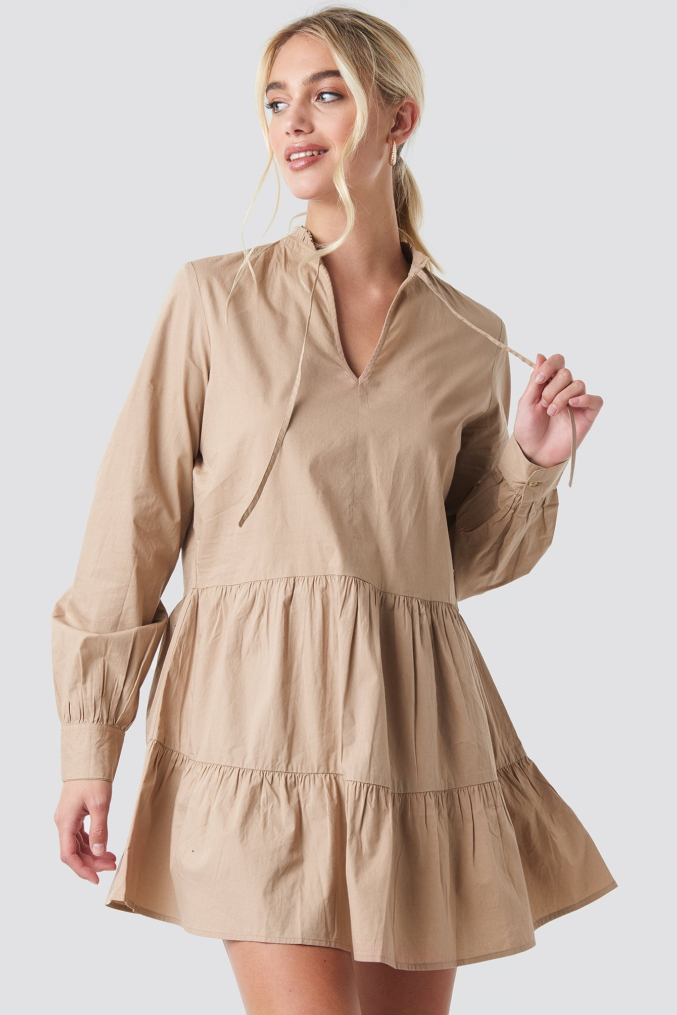 Loose Fit Frill Tunic Dress Dark Beige