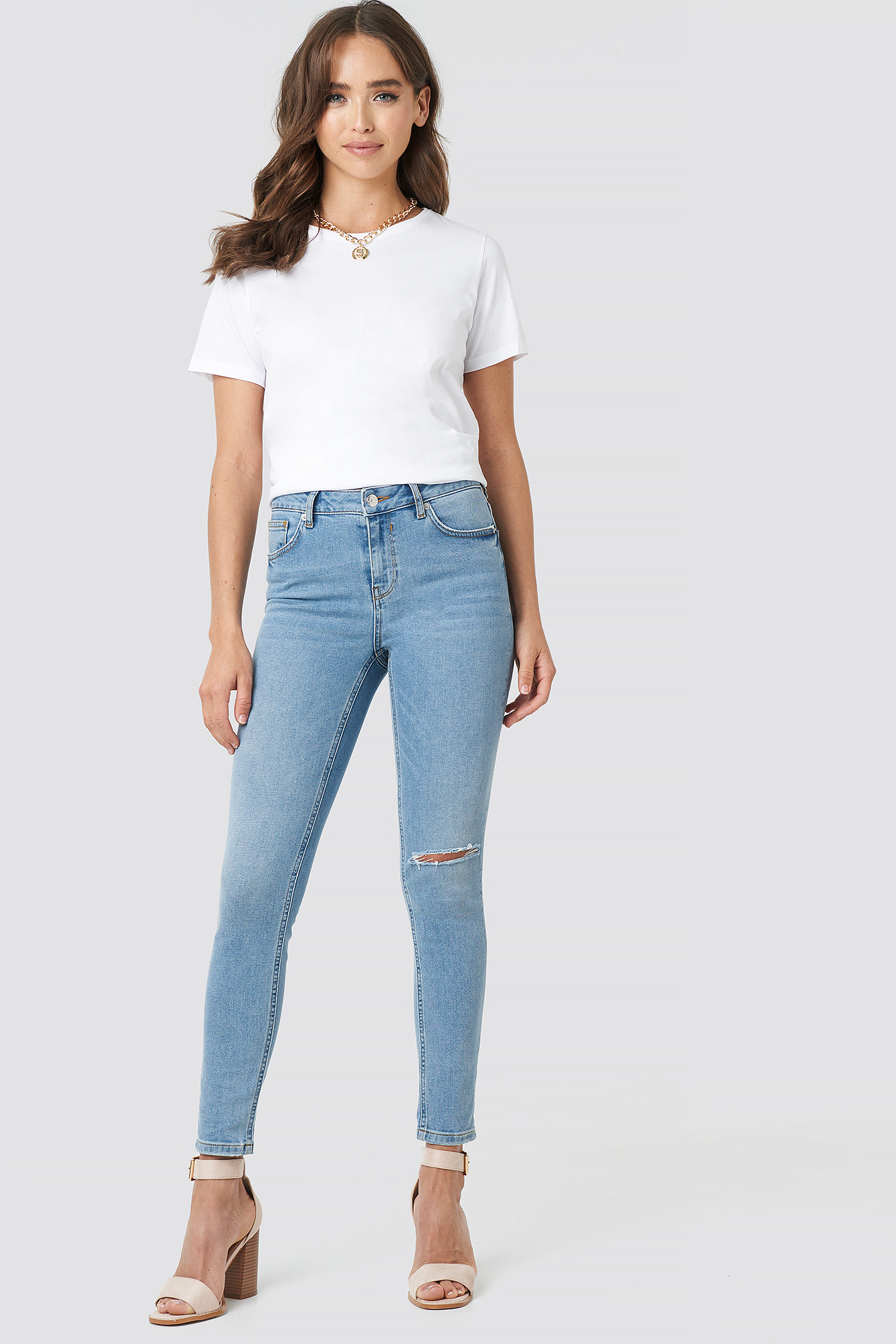 Low Rise Distressed Skinny Jeans Light Blue Wash