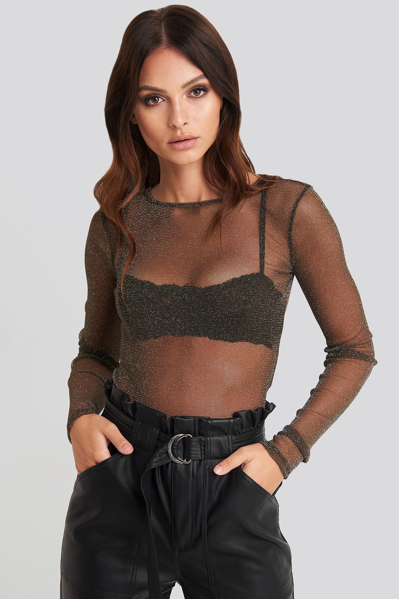 Ls Glitter Mesh Top Green