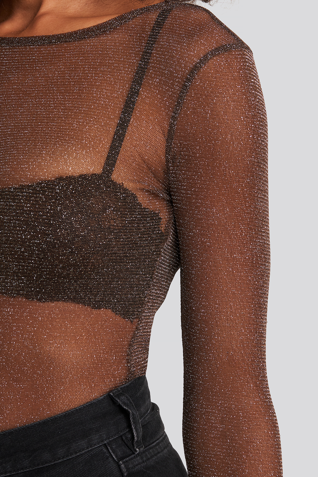 Long Sleeve Glitter Mesh Top Braun
