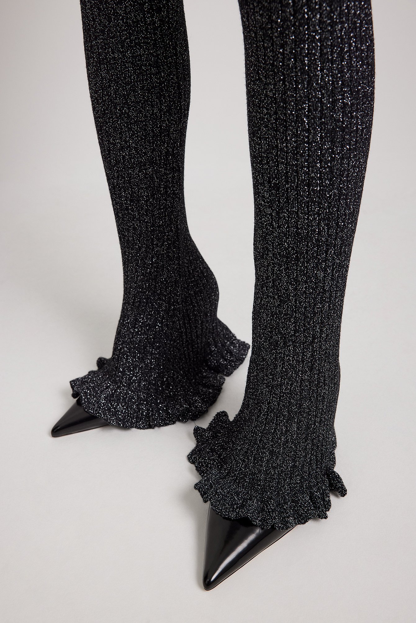 Black Szerokie dzianinowe spodnie z lureksu z szerokimi nogawkami