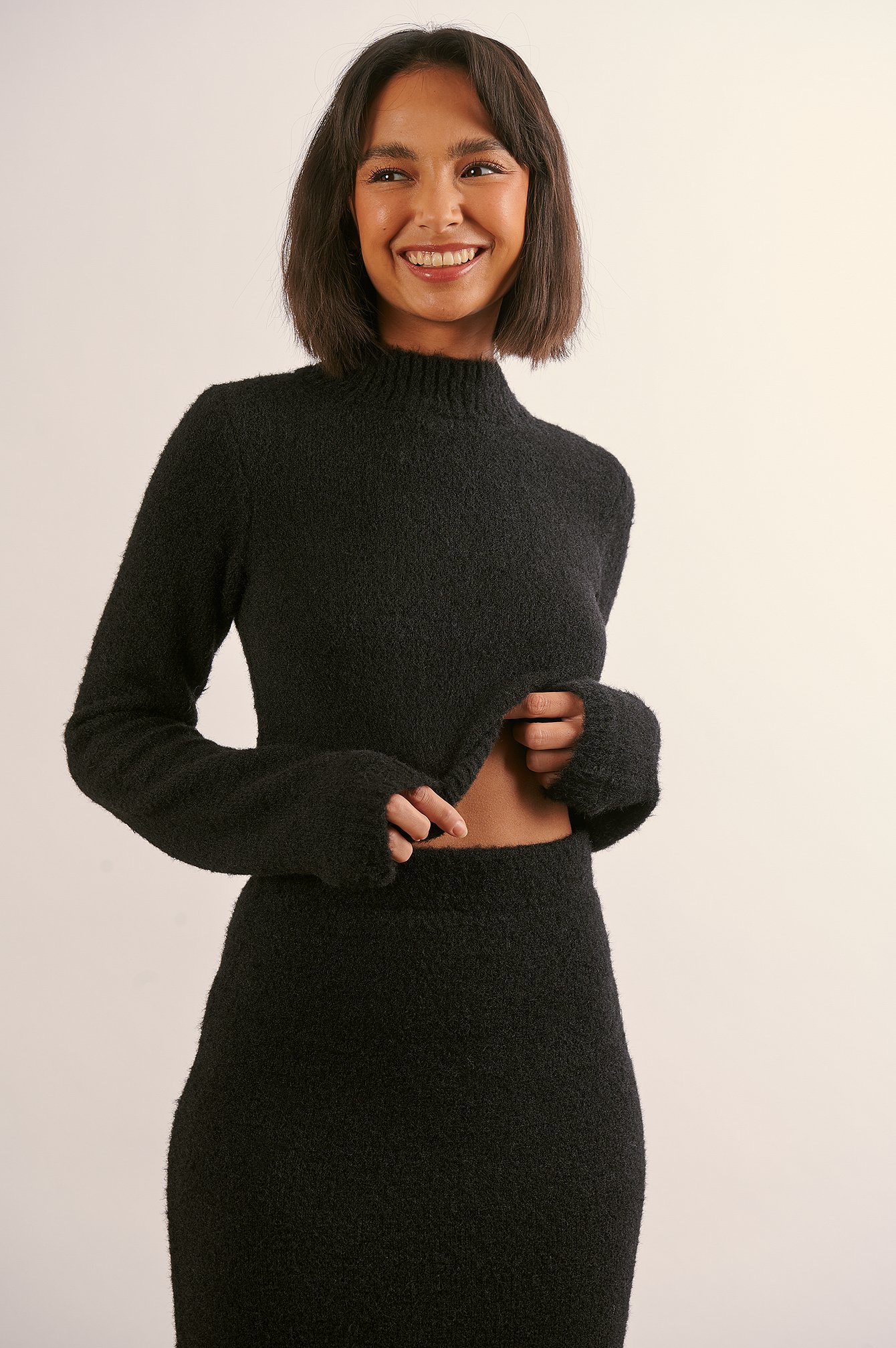 Black Kort fuzzy strikket genser med 3/4 ermer