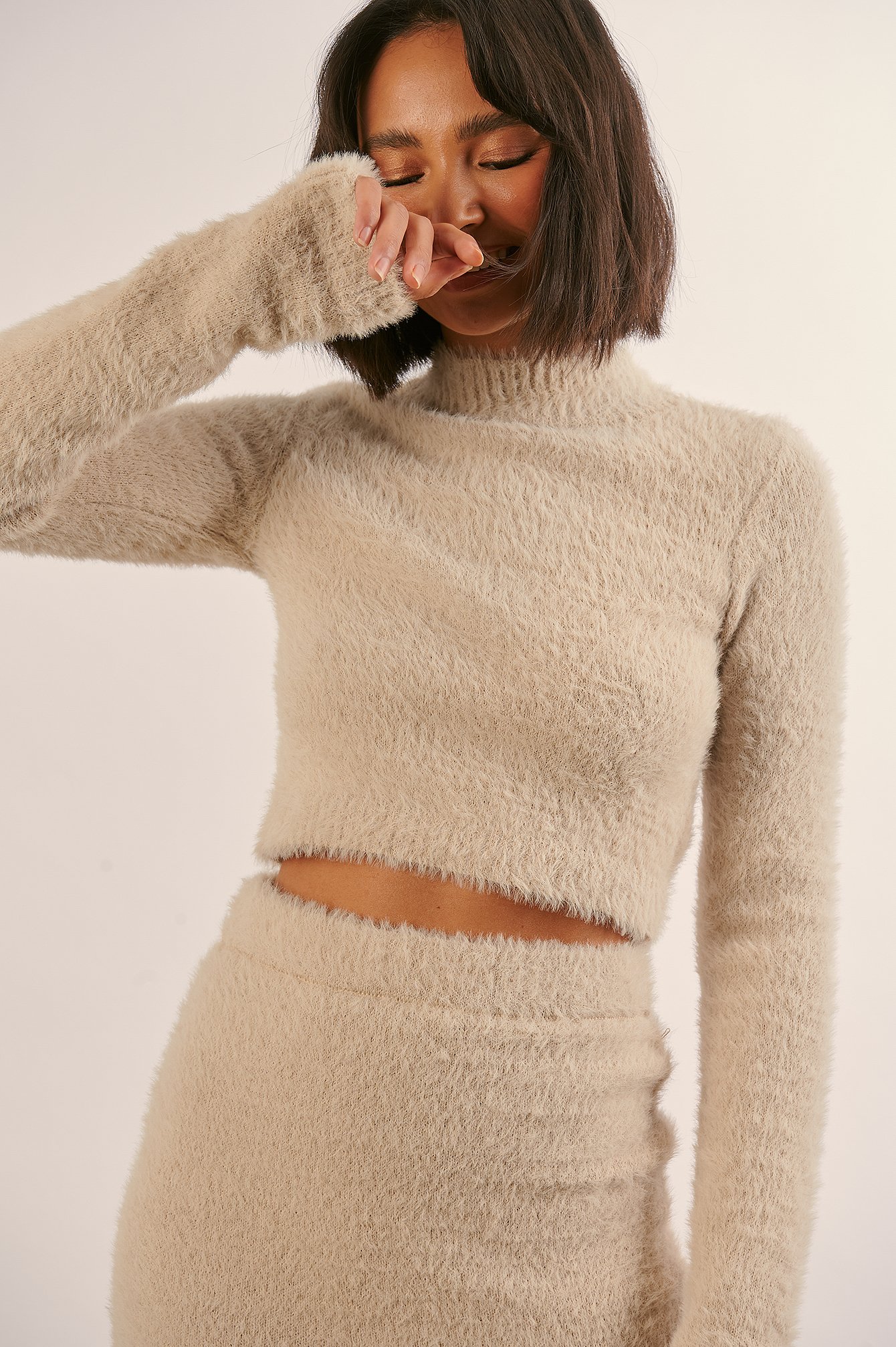 Beige Cropped Fuzzy Knitted 3/4 Sleeved Sweater