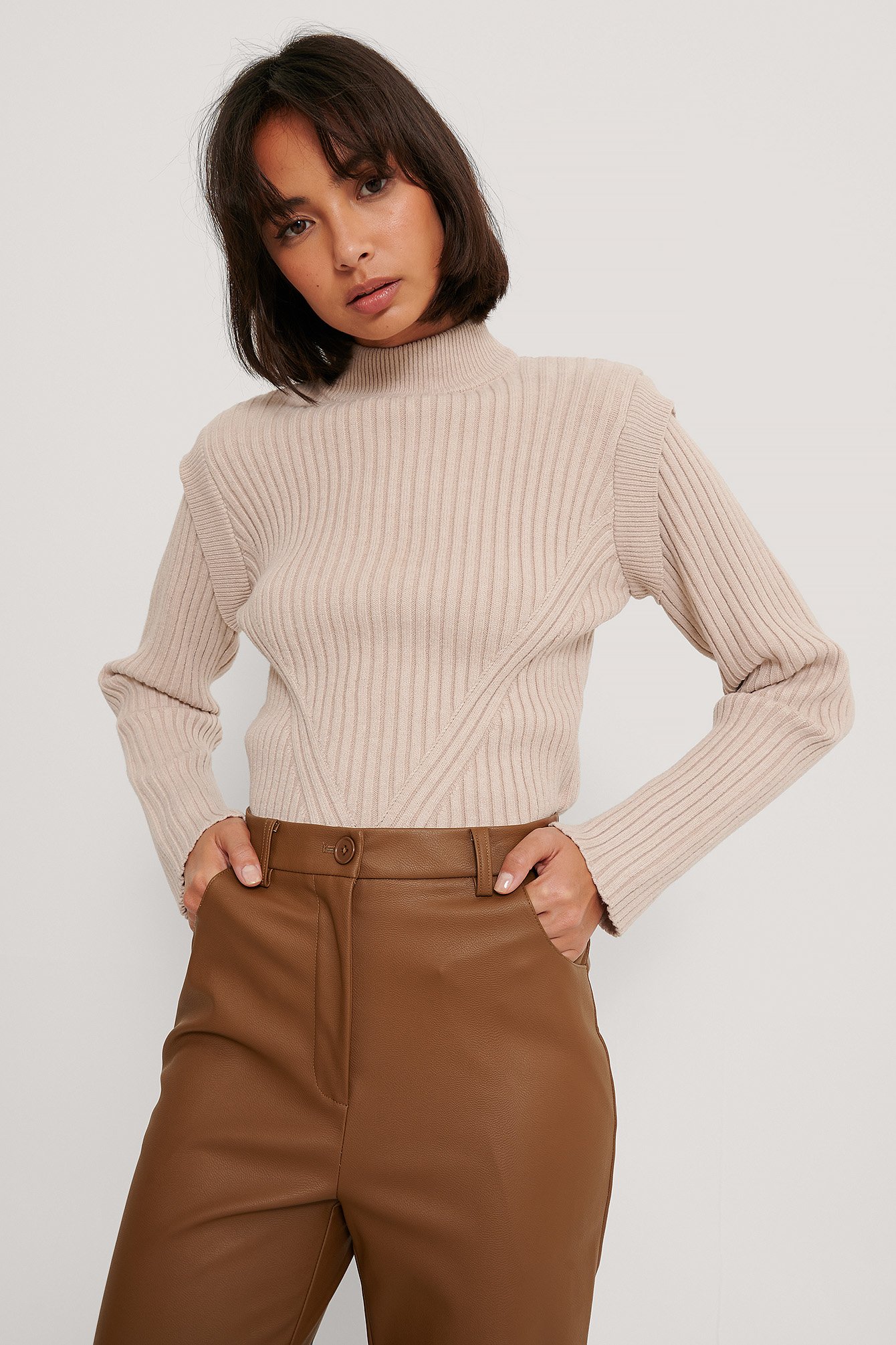Beige Marked Shoulders Knitted Sweater