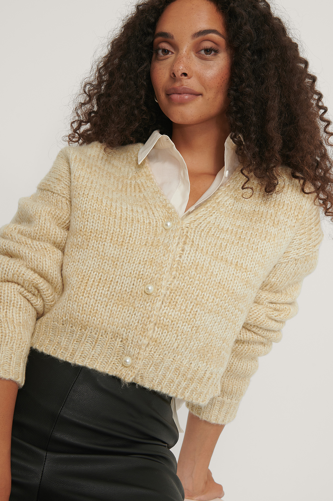 Melange Knitted Pearl Detail Cardigan 
