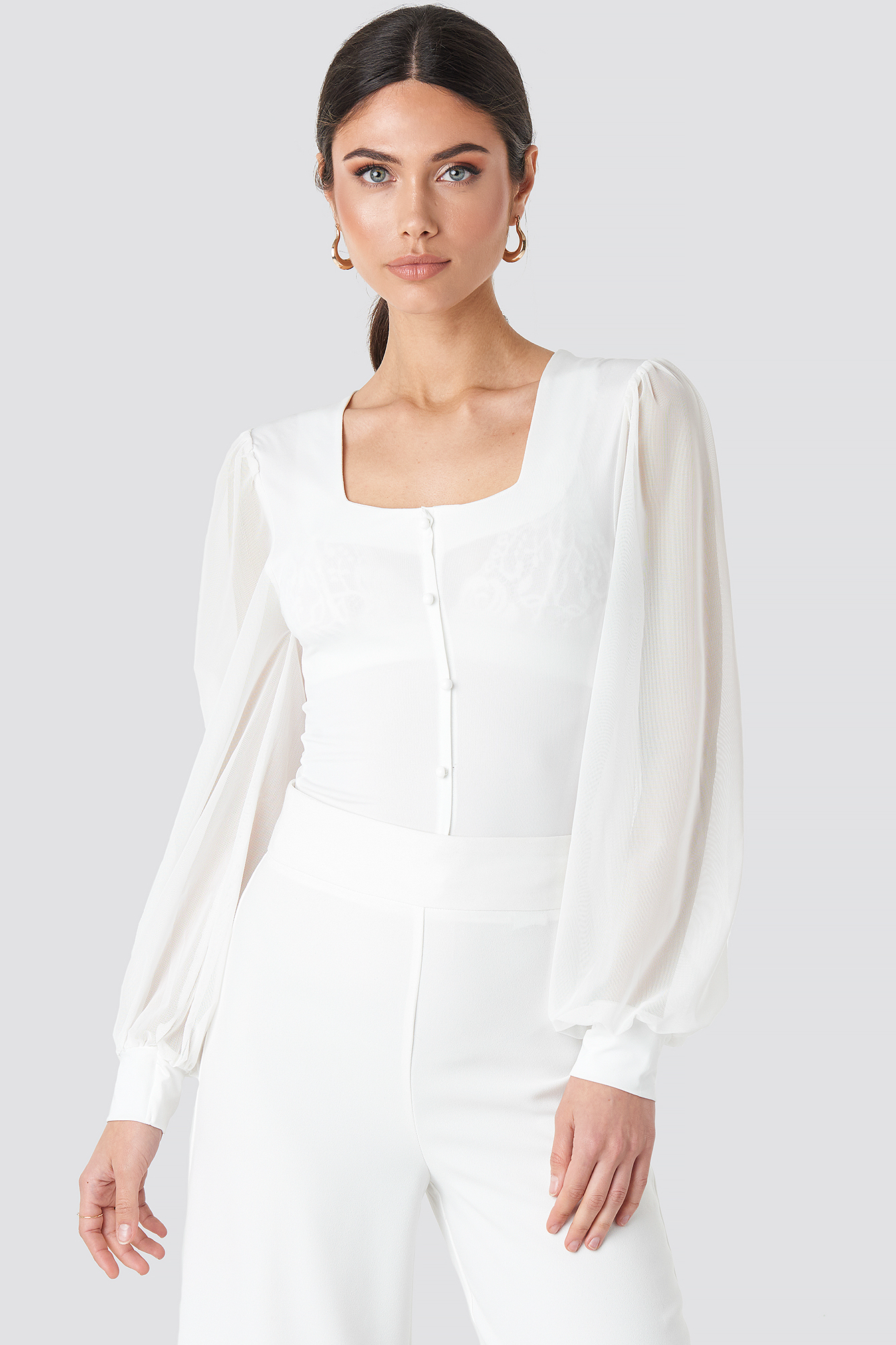 Mesh Balloon Sleeve Button Up Blouse White