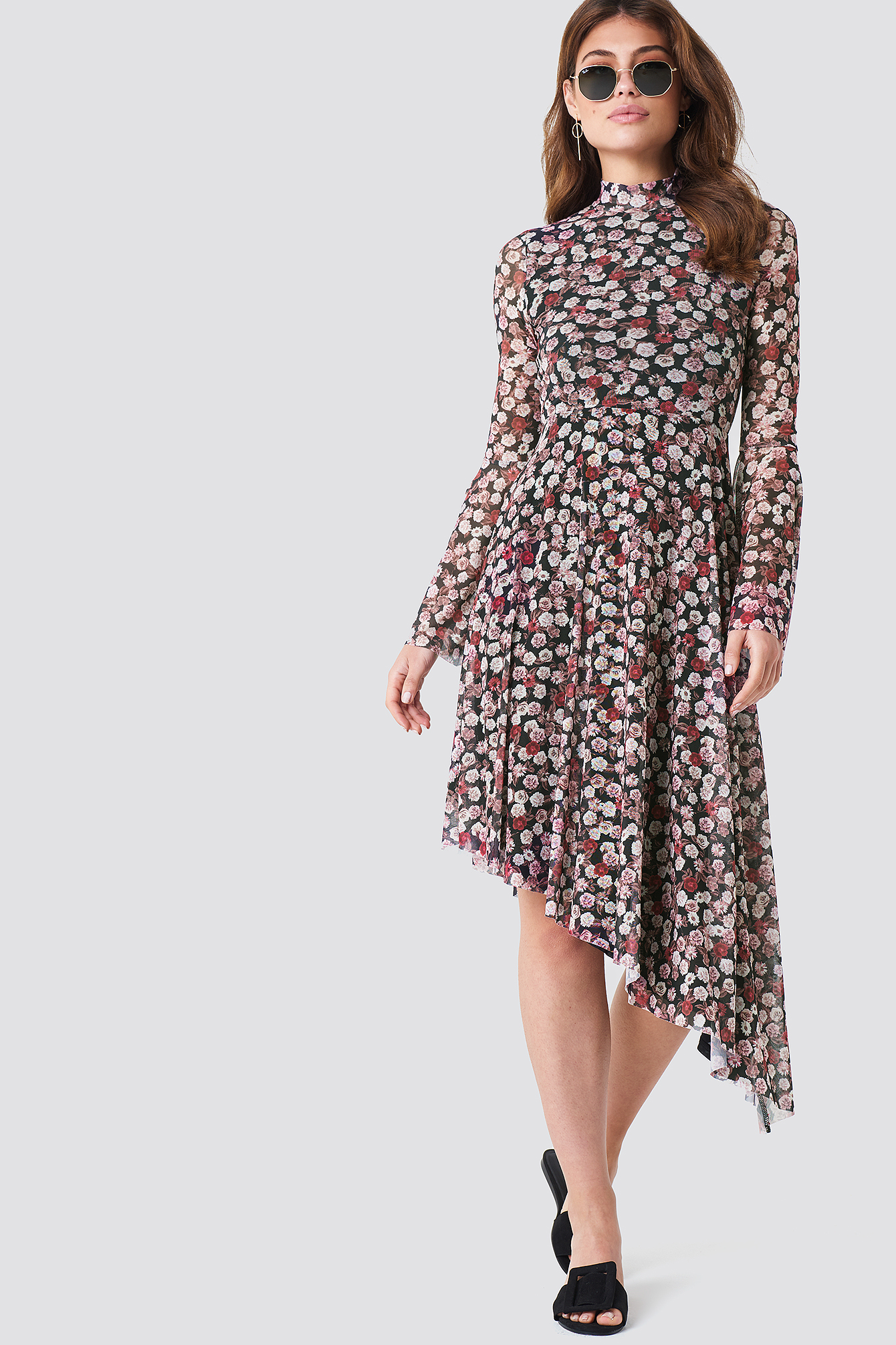 Mesh Bell Sleeve Dress Small Pink/Red Flowers