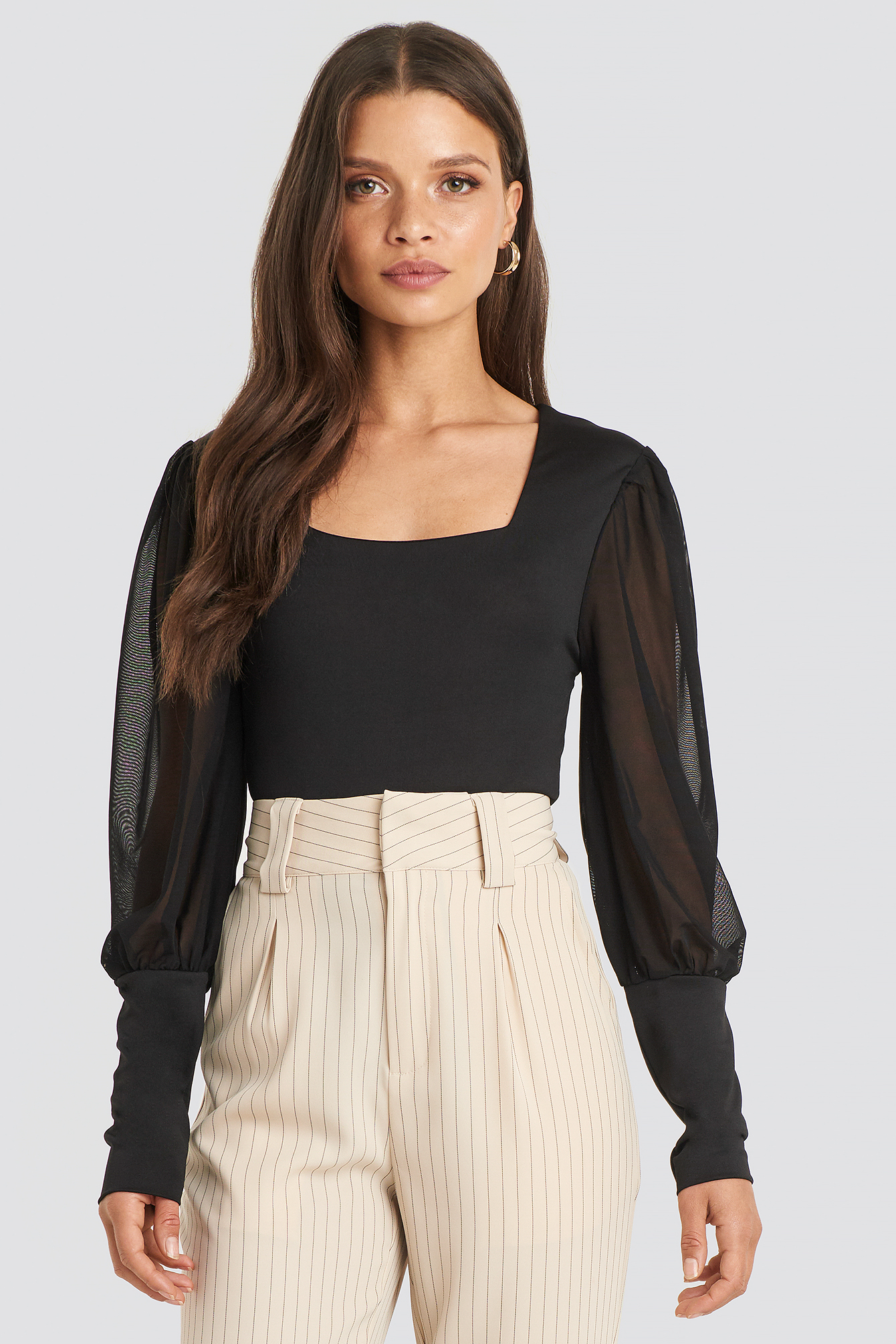 Mesh Contrast Sleeve Jersey Blouse Black
