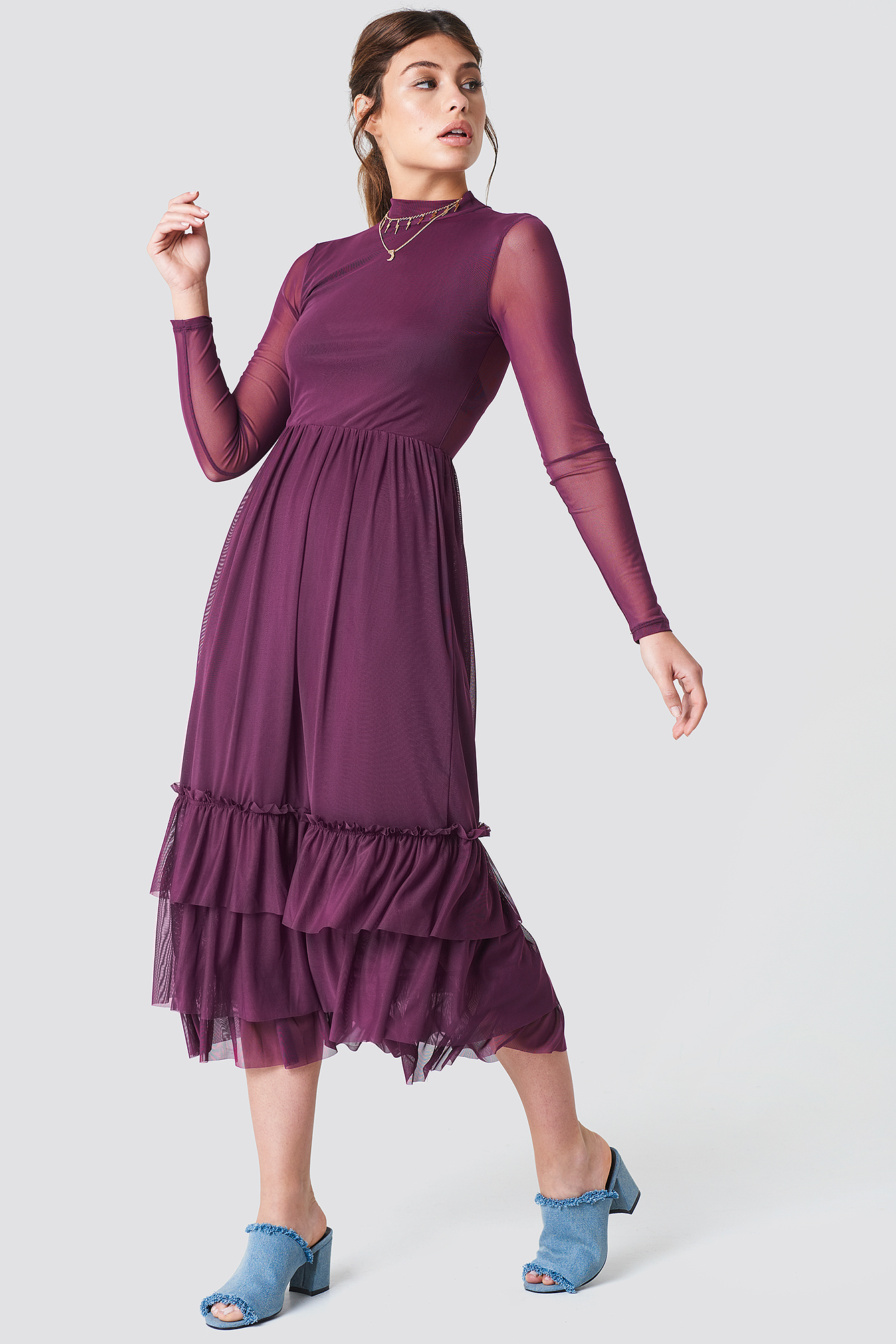 Mesh Frill Dress Bordeaux