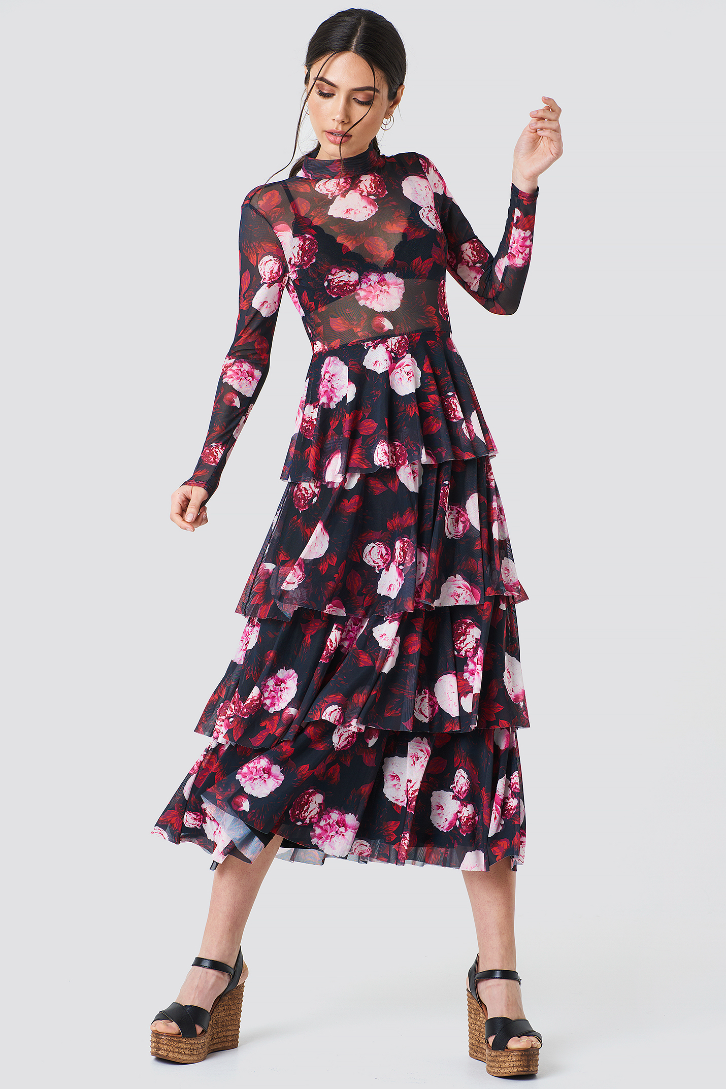 Mesh Layered Dress Red Flower