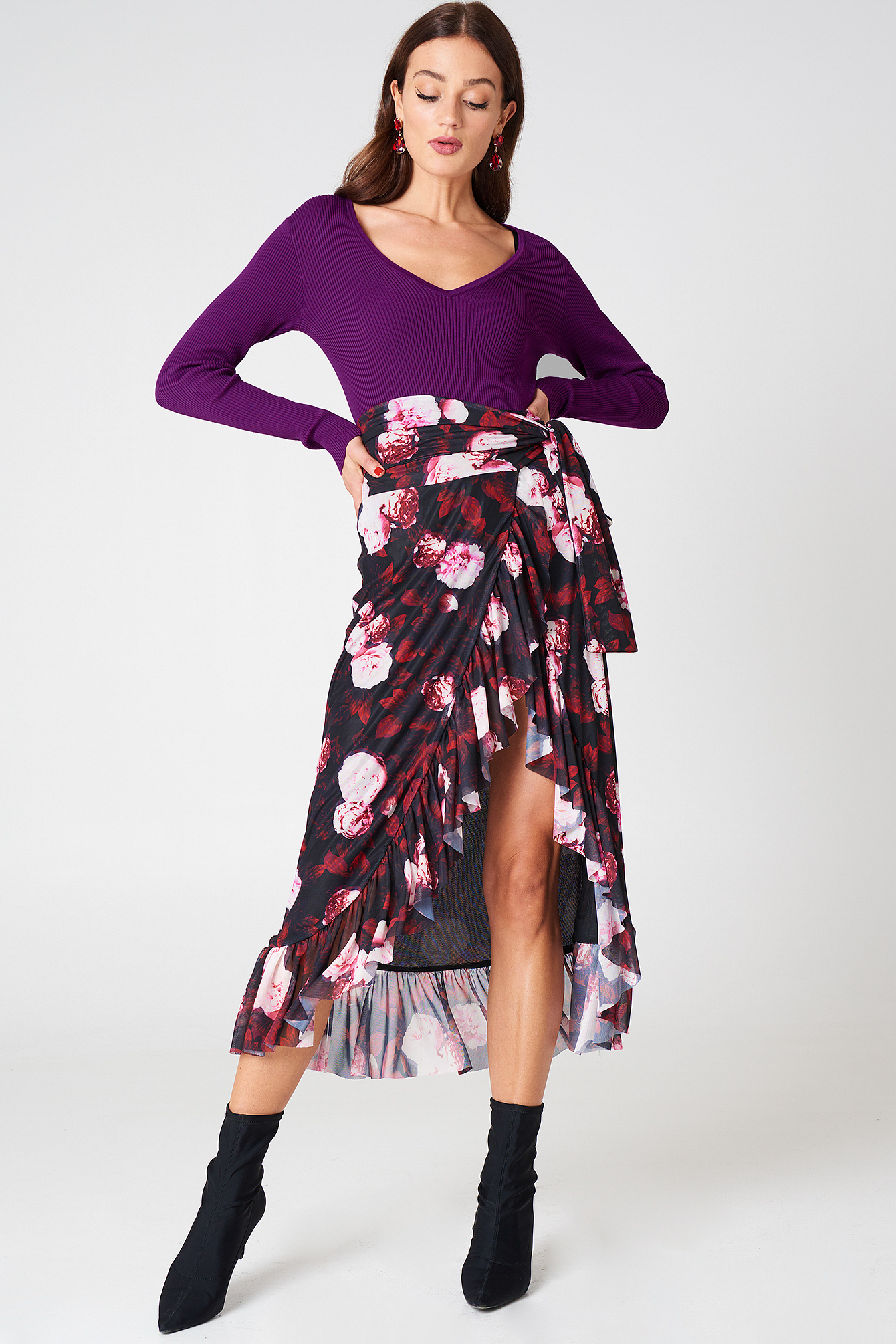 Mesh Overlap Maxi Skirt Red Flower