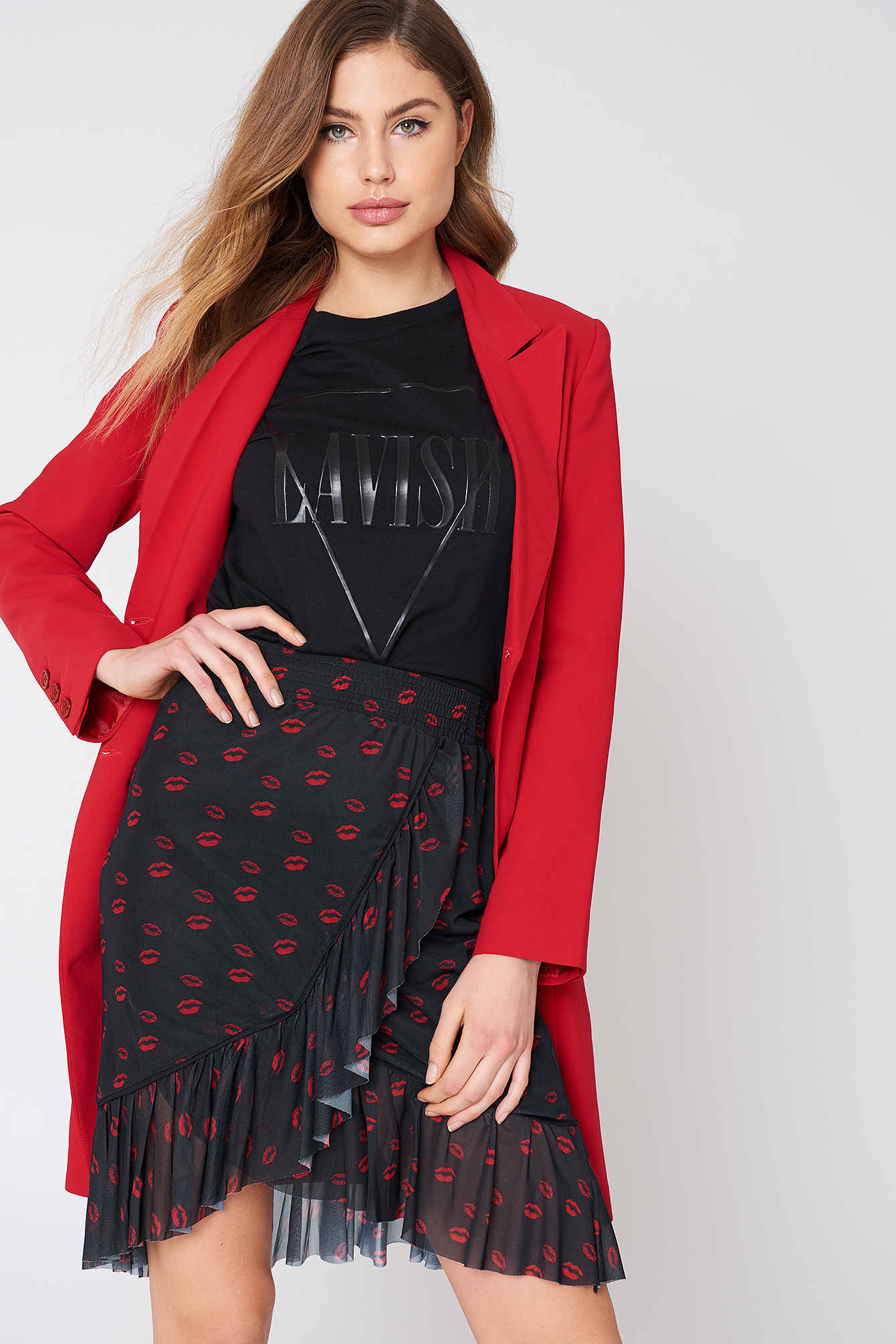 Mesh Overlap Mini Skirt Red Lip Print