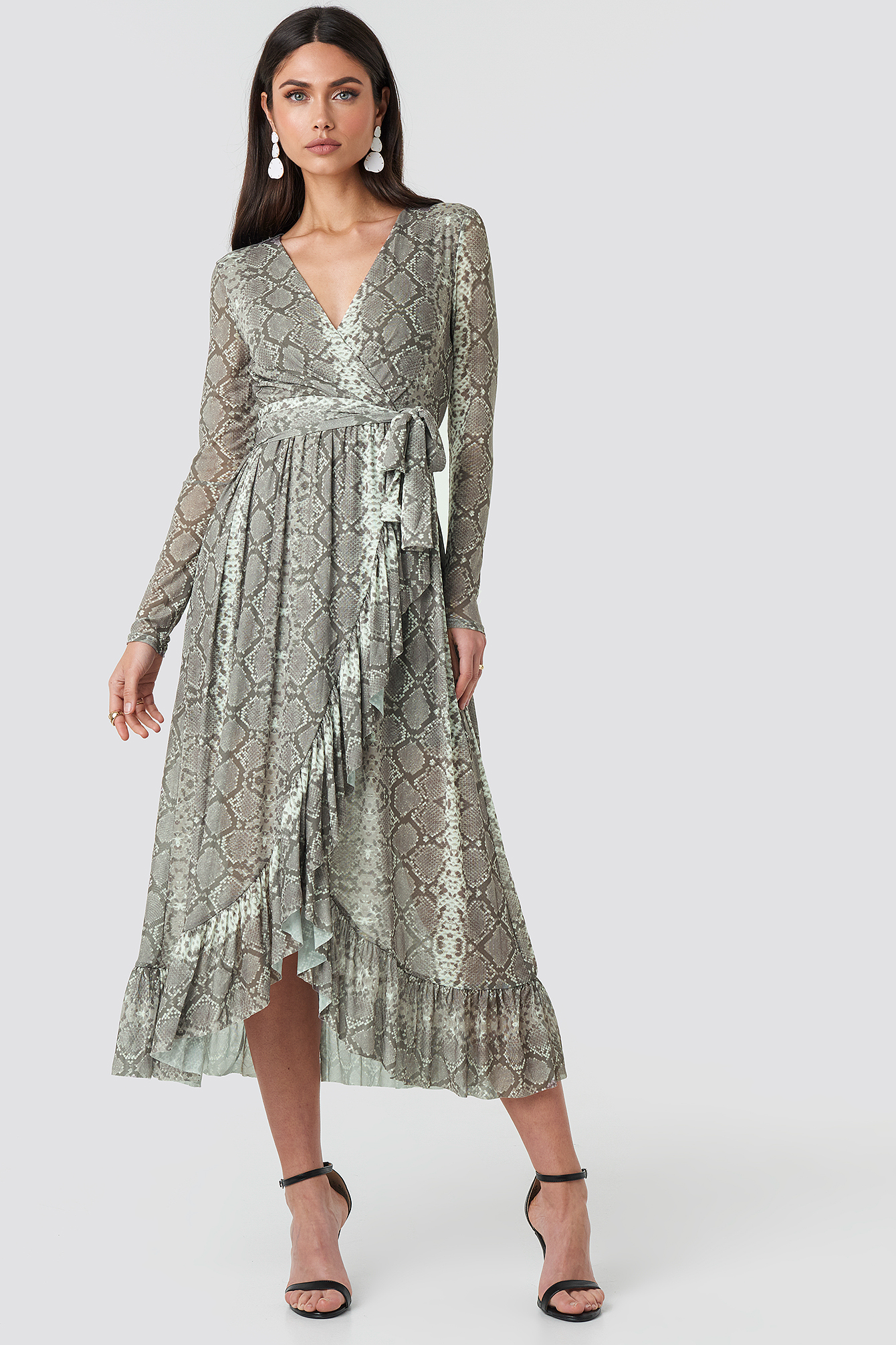 Mesh Printed Frill Maxi Dress Snake Print