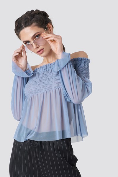 Na-kd Party Mesh Smock Off Shoulder Top - Blue XX-Small,X-Small,Small,Medium,Large,X-Large