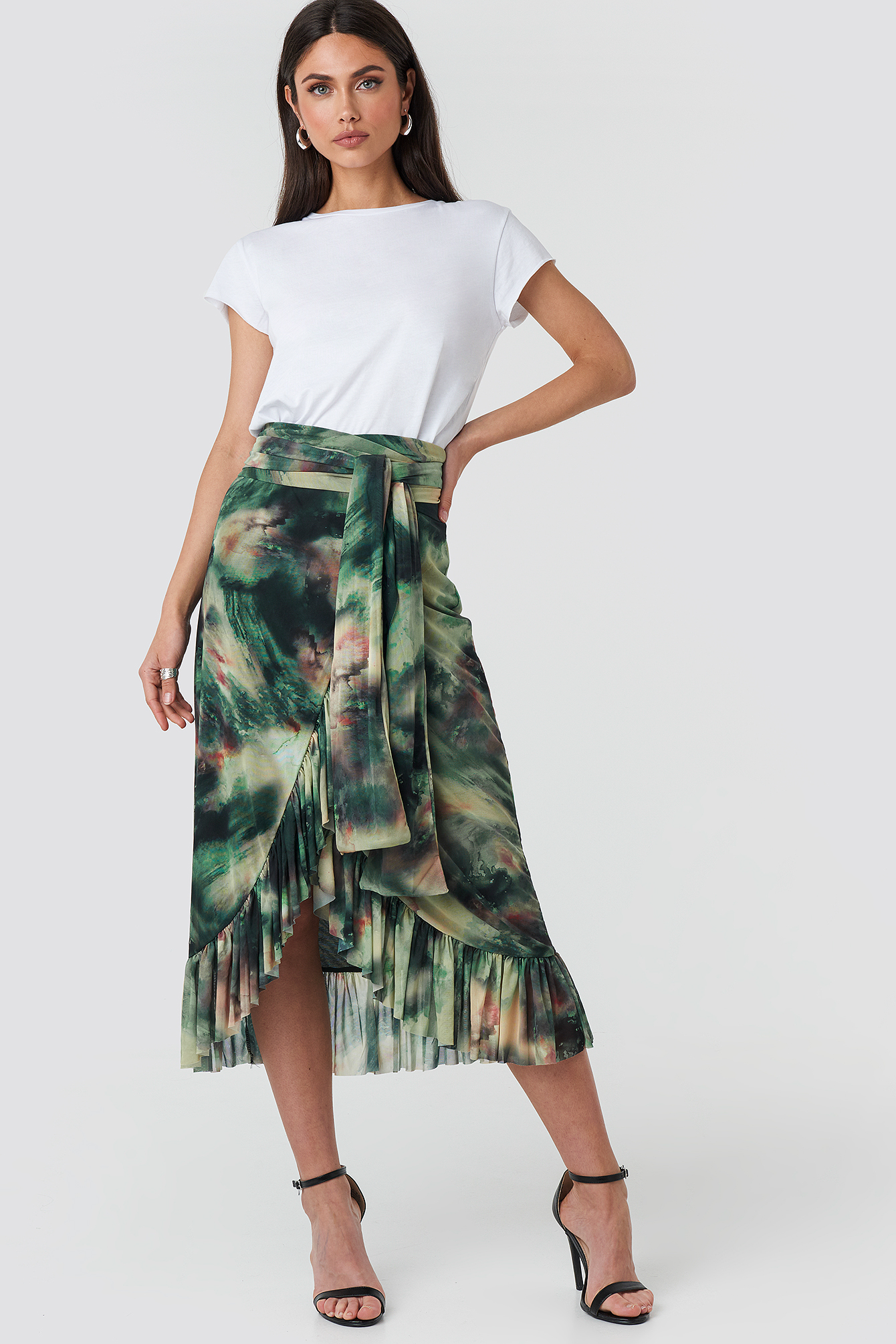 Mesh Tied Waist Ankle Skirt Aquarelle Green Print
