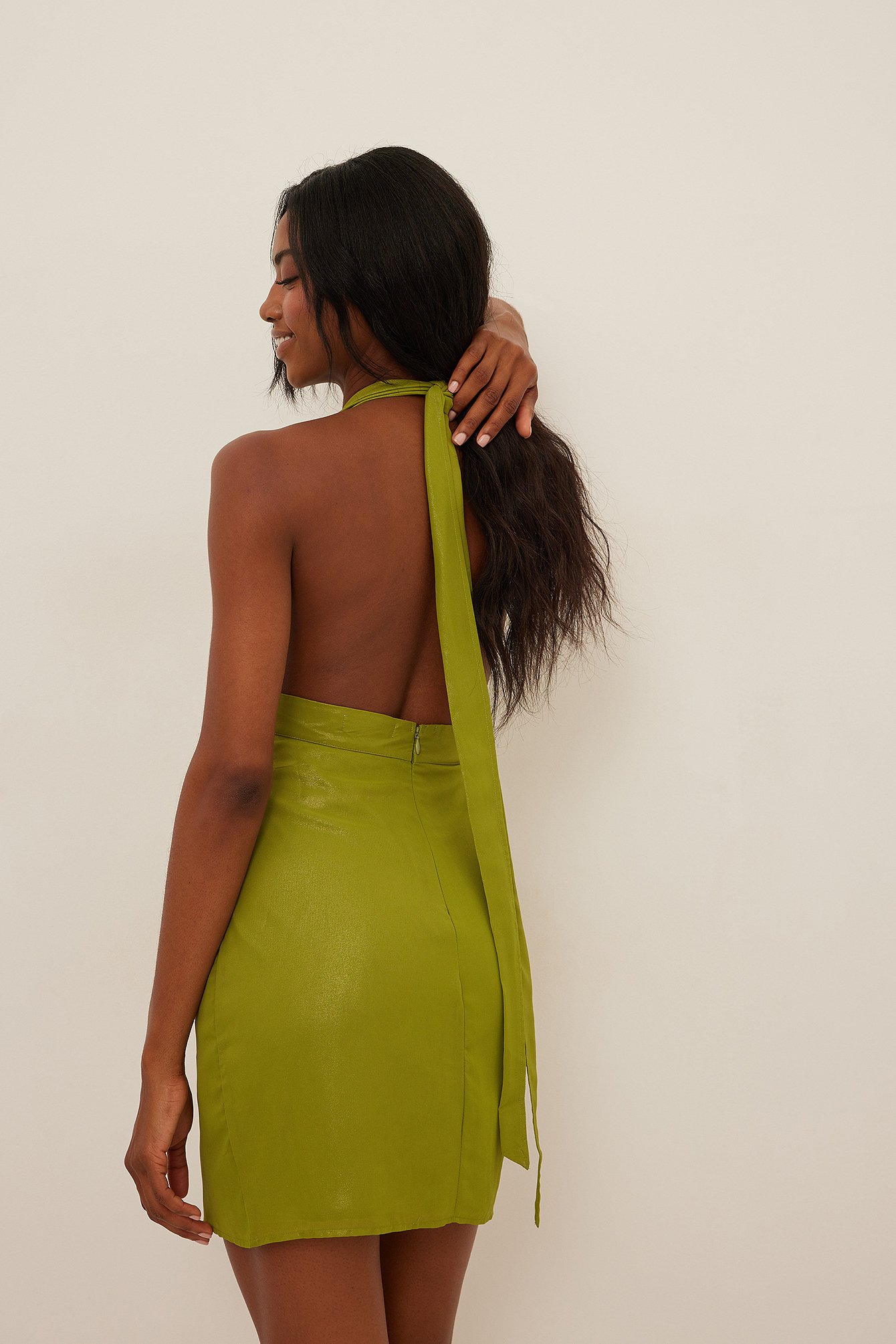 Olive Green Metallic Overlap Skirt Mini Dress