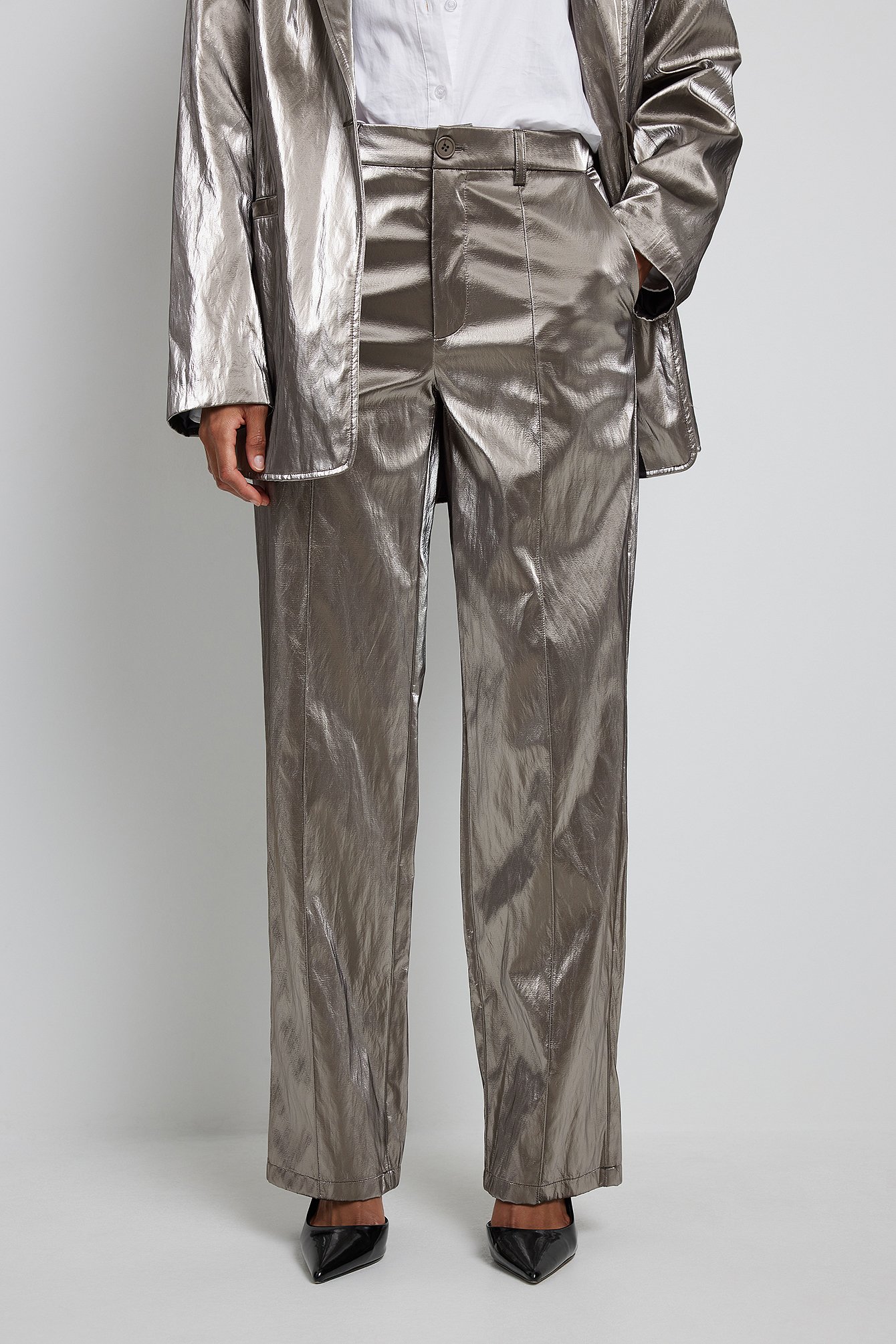 Dark Silver Mid Waist Loose Silver Trousers