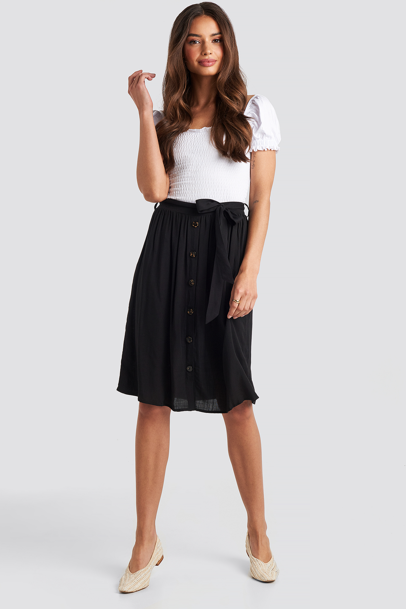 Midi Button Front Skirt Black