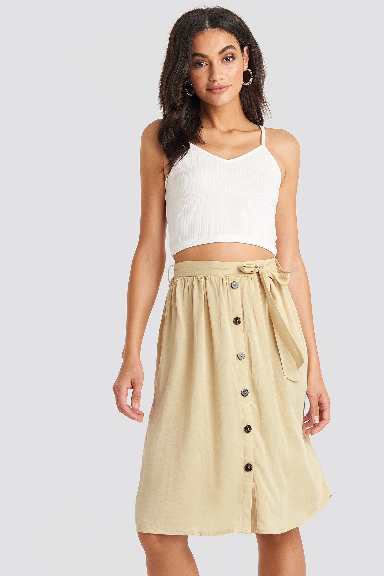 Midi Button Front Skirt Light Beige