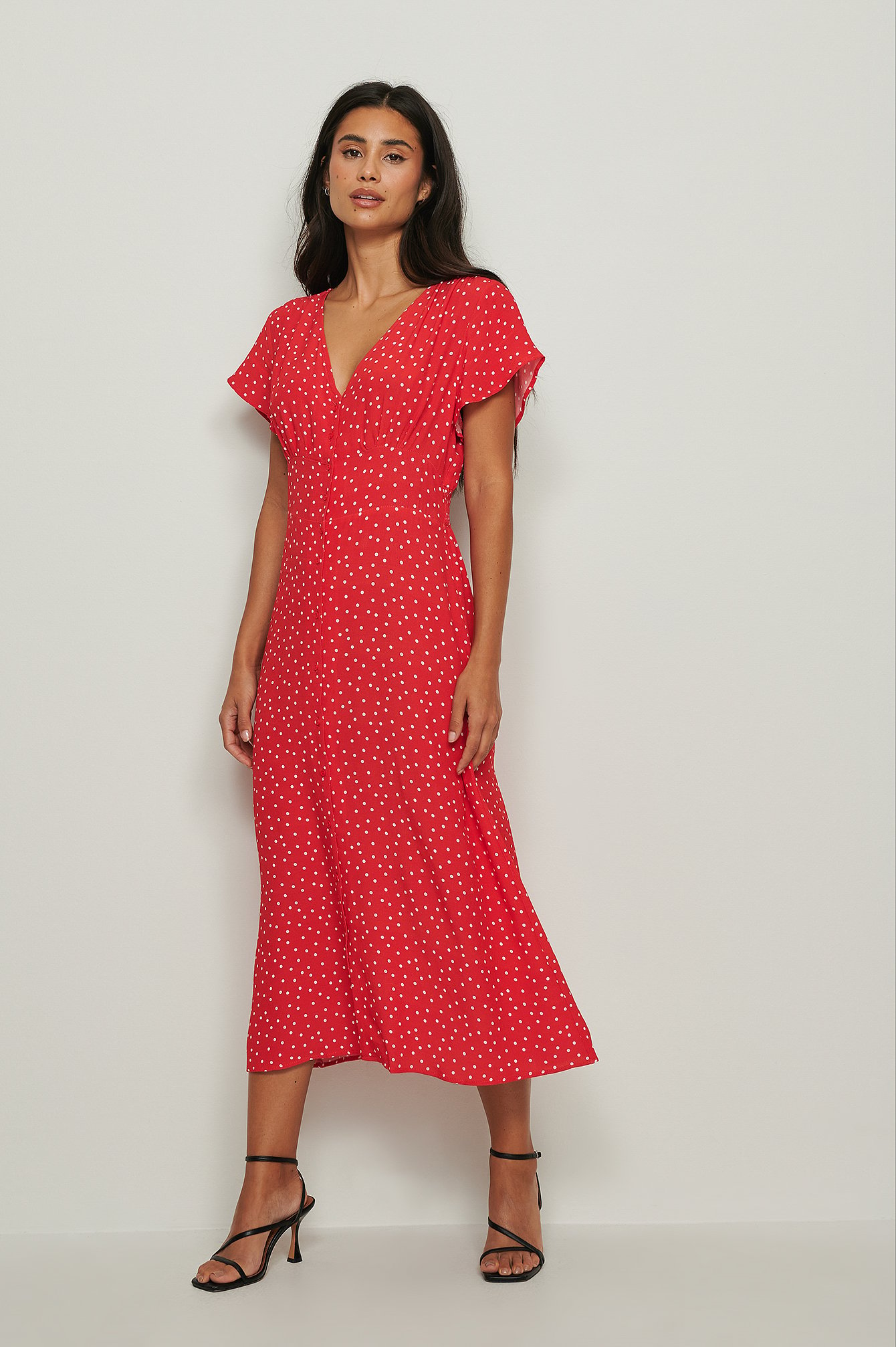 Red Dot Midi Buttoned Dress