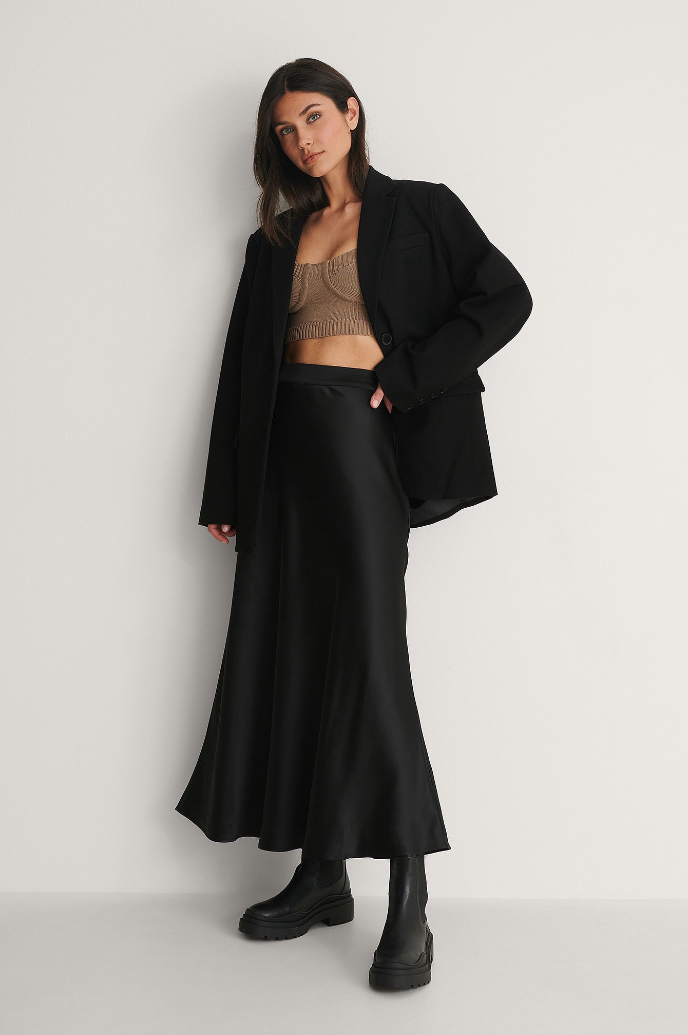 Black Recycled Midi Flowy Satin Skirt