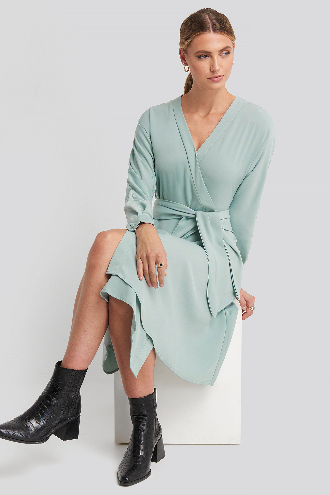 Midi Overlap Tied Waist Dress Dusty Blue