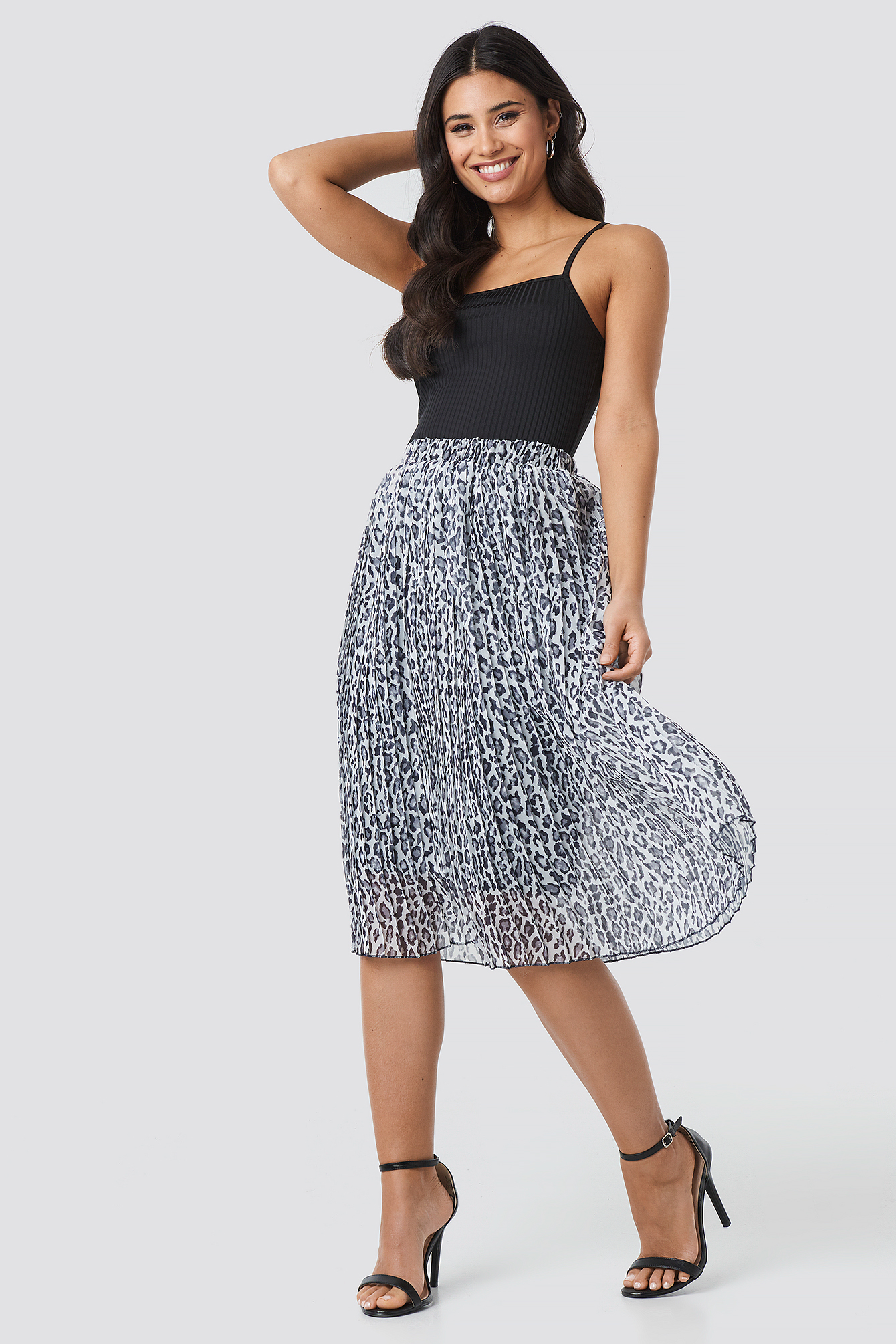 Midi Pleated Skirt Black/Leopard