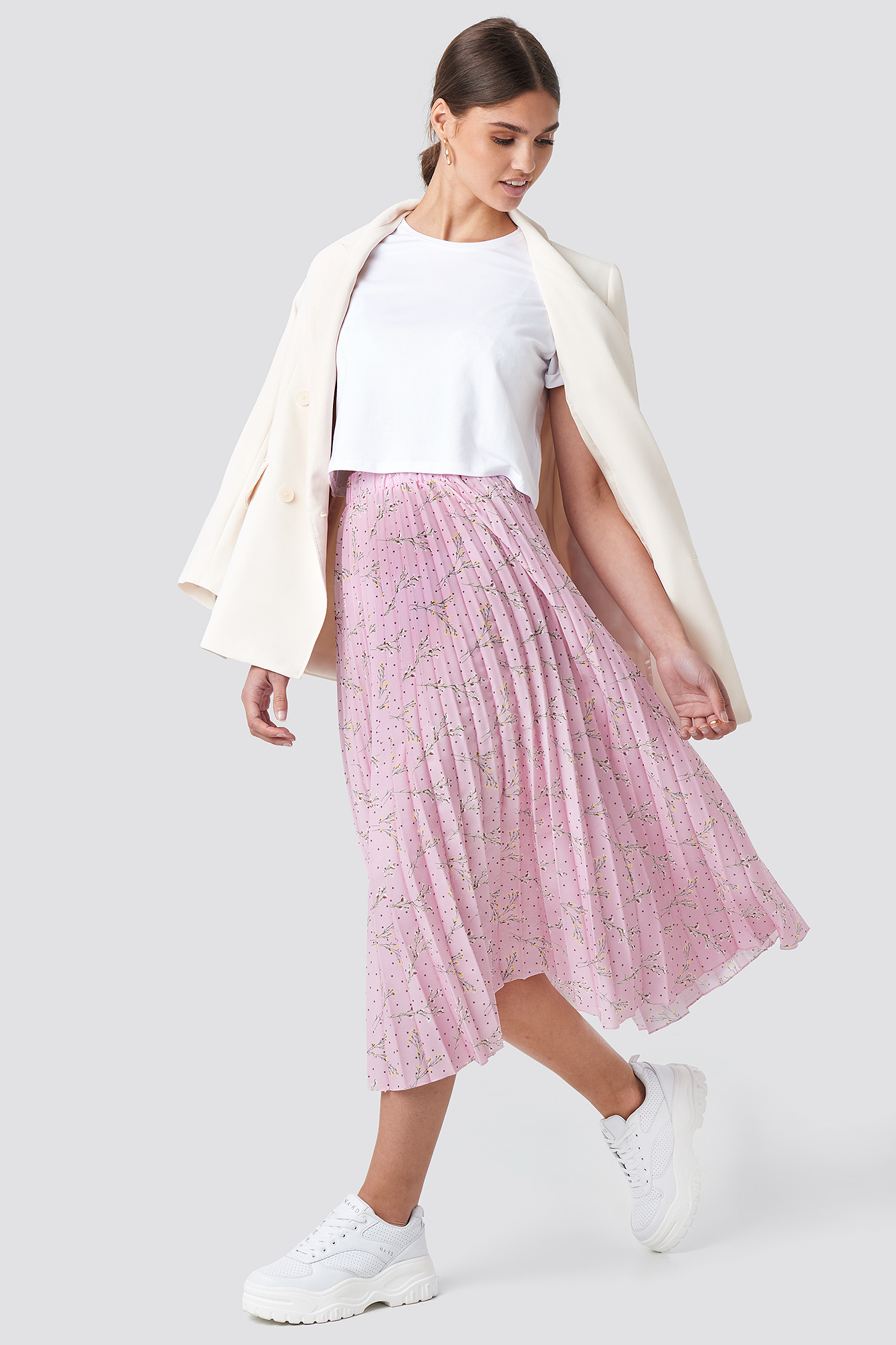 Midi Pleated Skirt Pink Flower