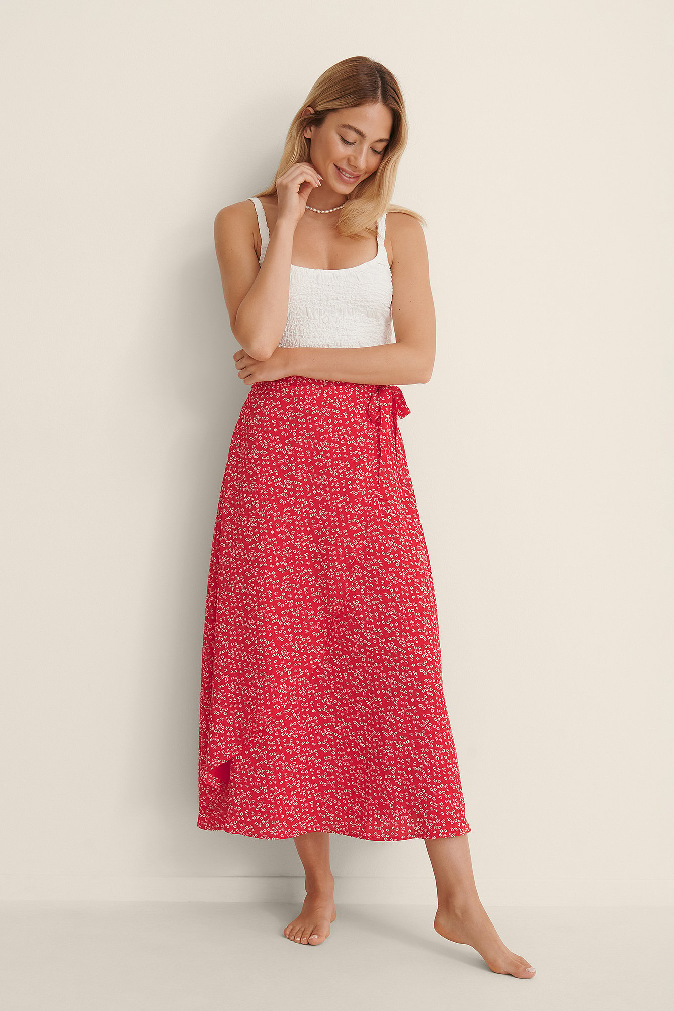 Red White Floral NA-KD Recycled Midi Wrapped Skirt