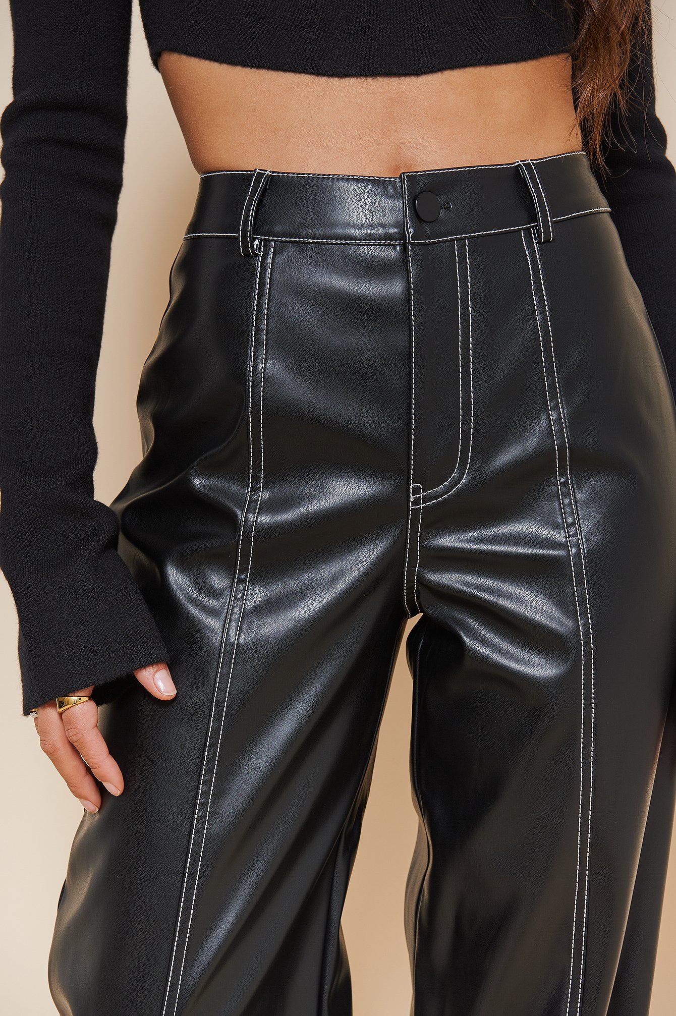 Black Contrast Stitching PU Pants
