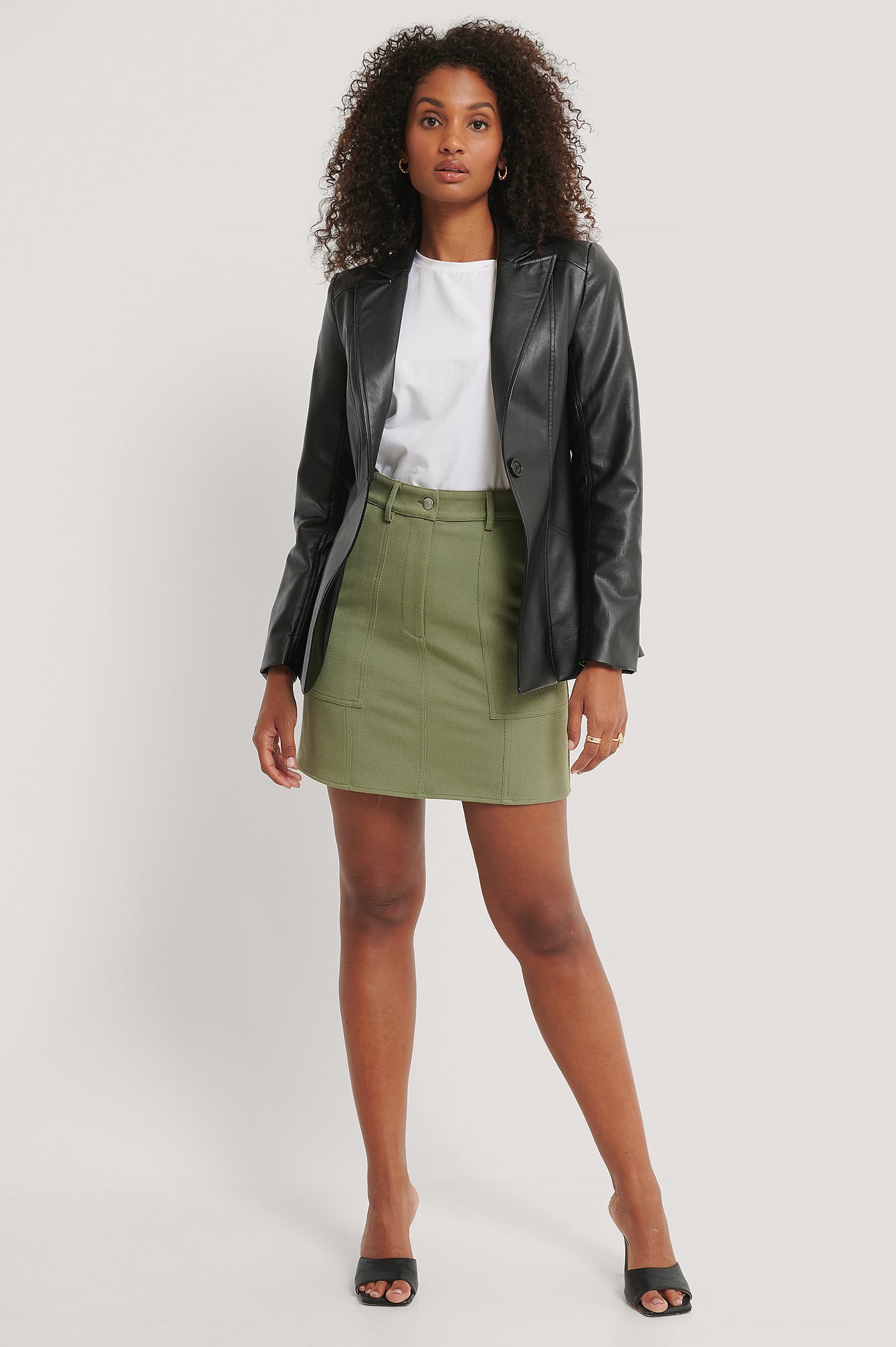 Twill Calf Length Denim Skirt-Khaki