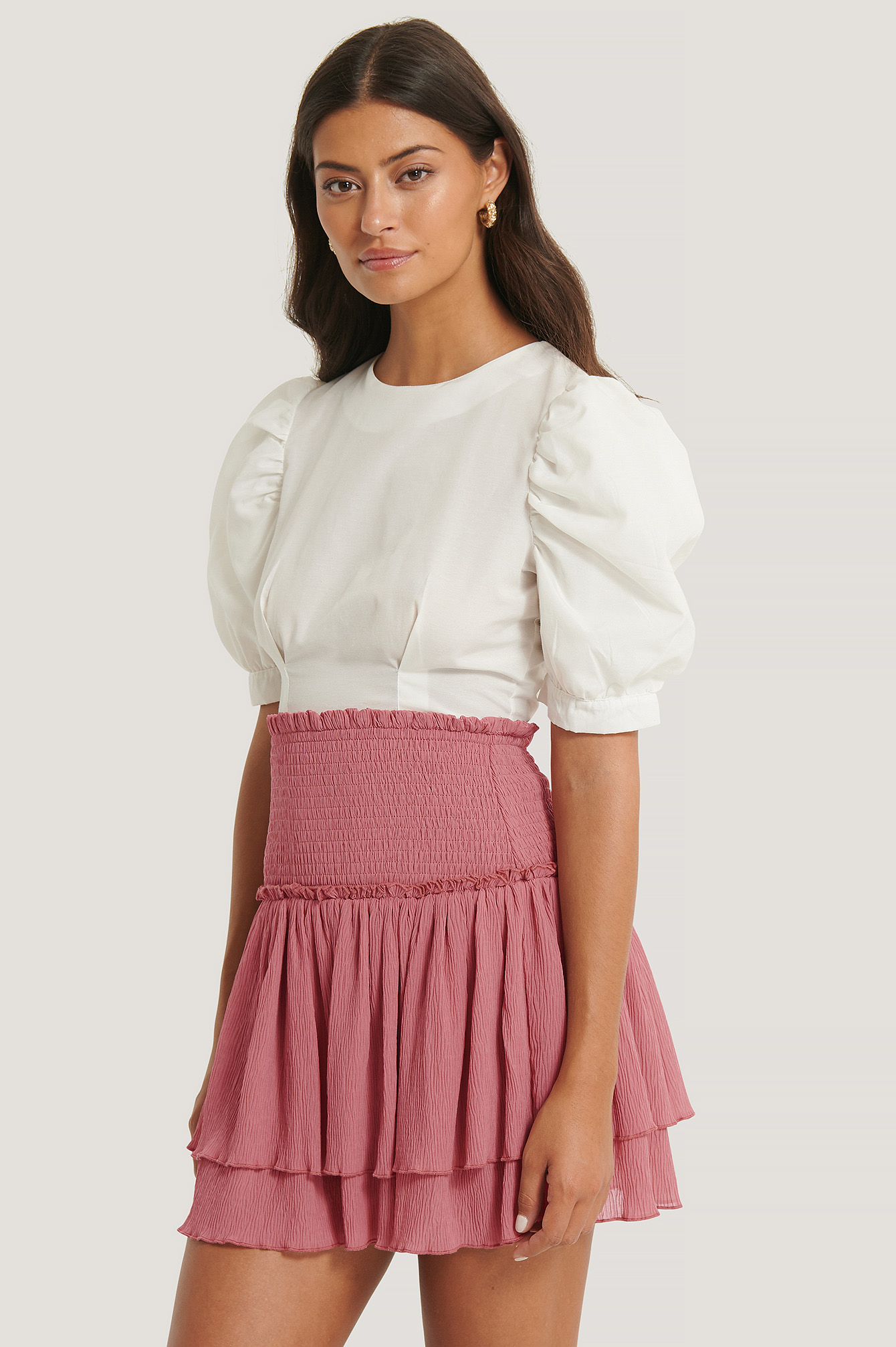 Dark Rose NA-KD Boho Mini Structured Smocked Skirt