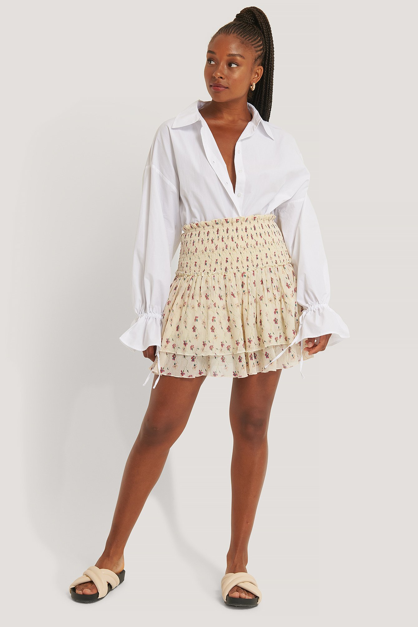 White Flower Mini Structured Smocked Skirt