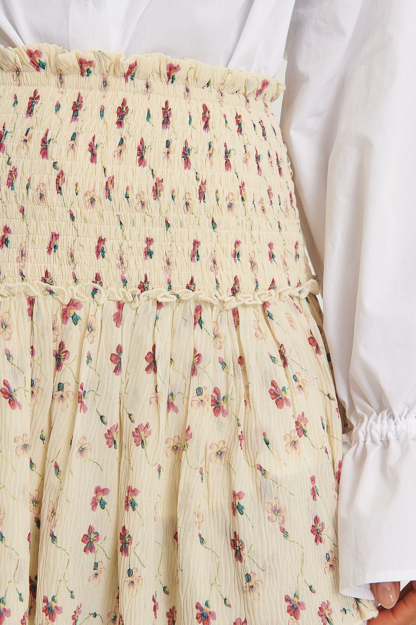 White Flower Mini Structured Smocked Skirt