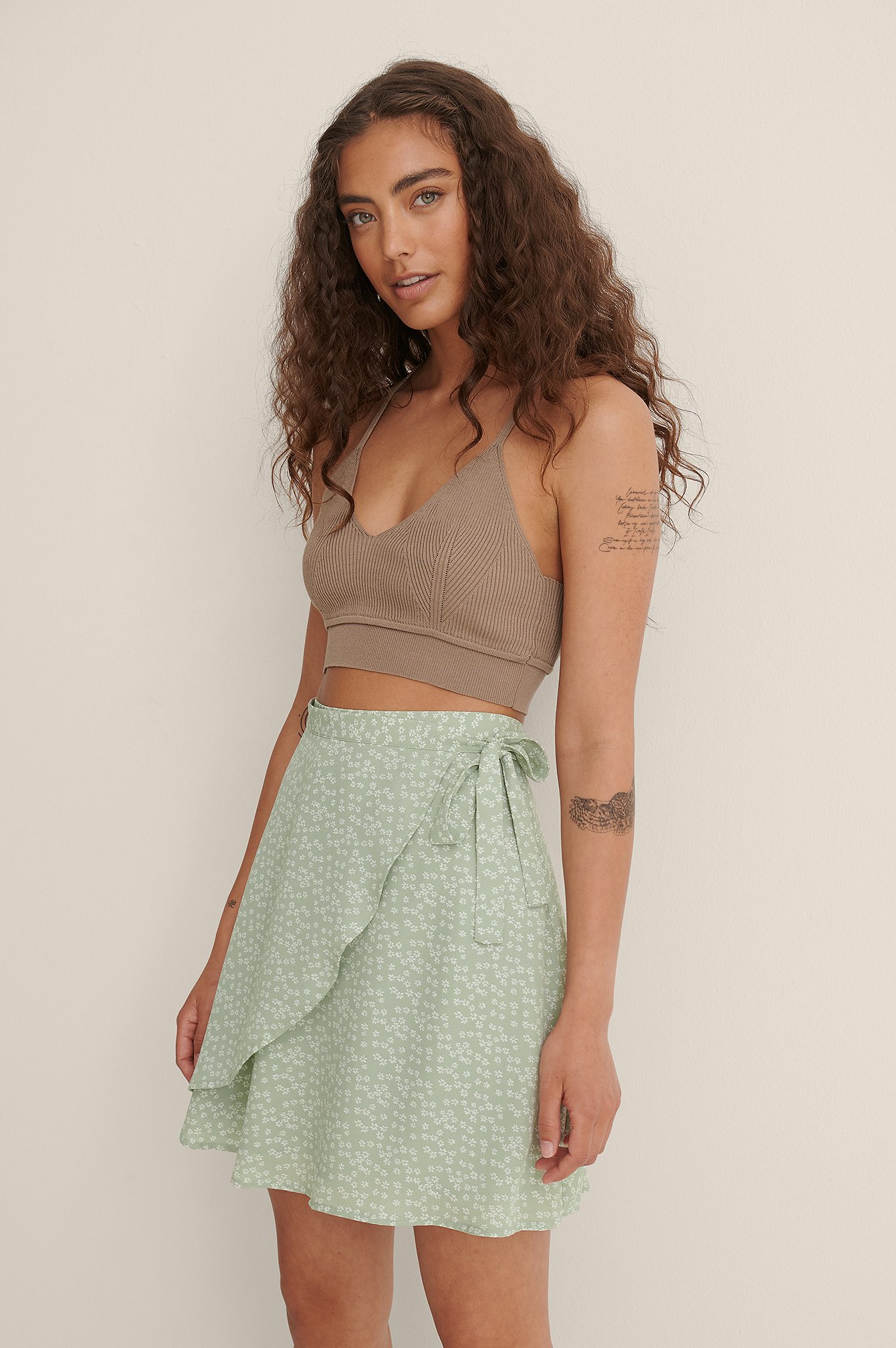 Dusty Green White Floral Mini Wrapped Skirt