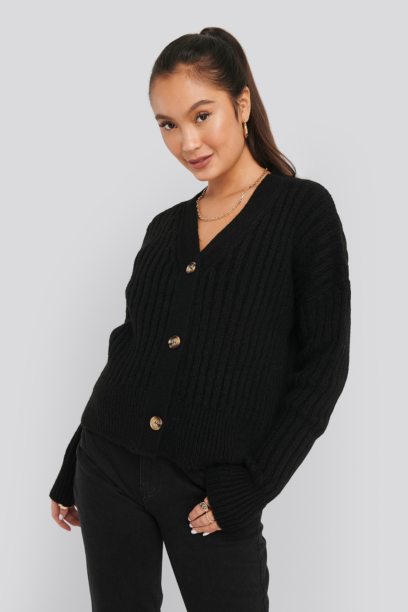 Mohair Blend Chunky Cropped Cardigan Black