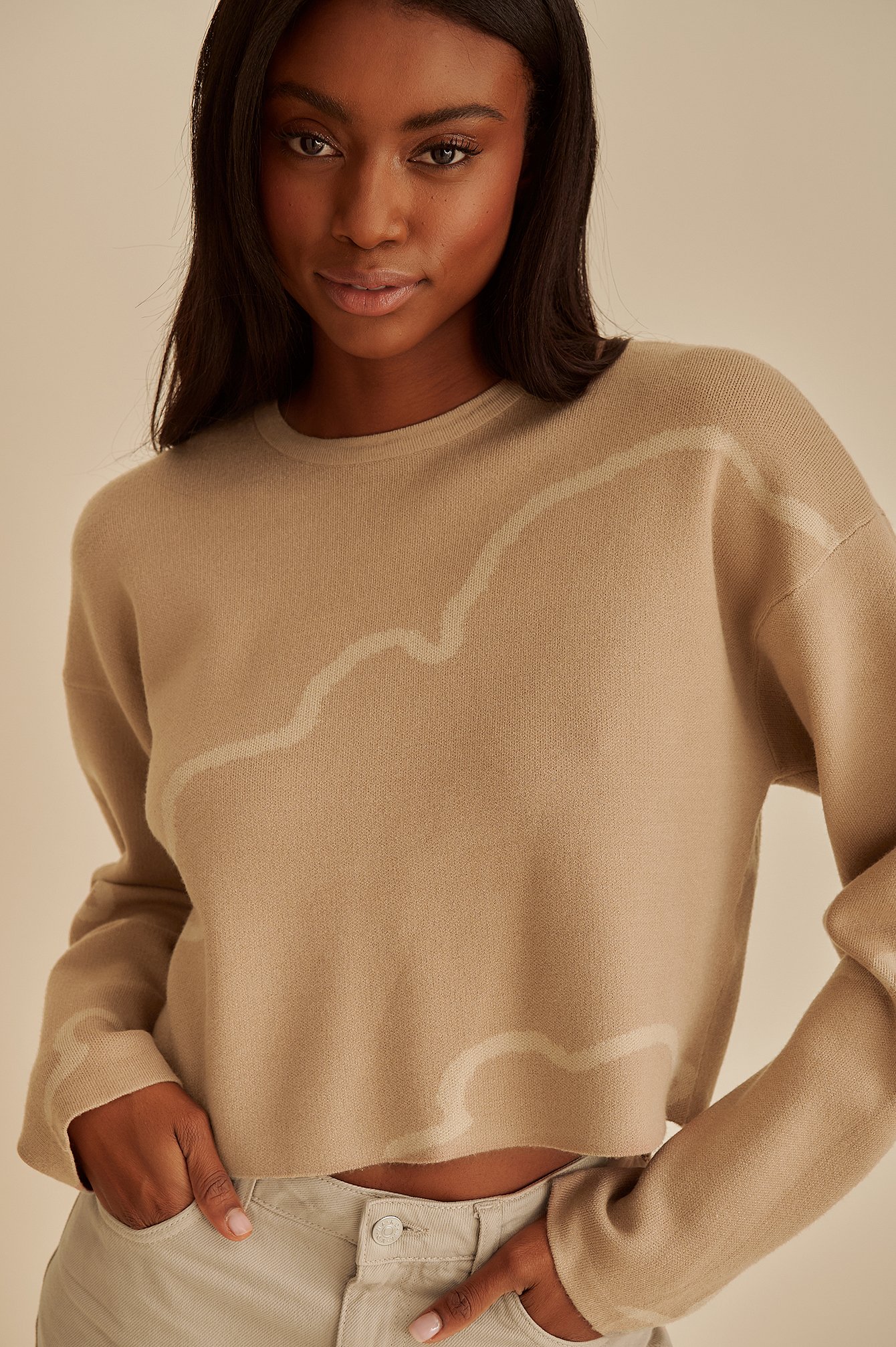 Light Beige Motif Knitted Sweater