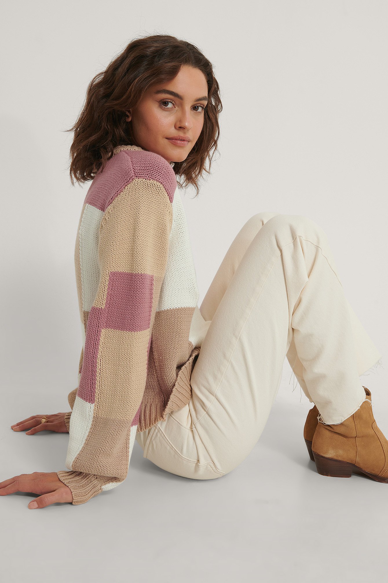 Pink Organic Multi Color Blocked Knitted Sweater