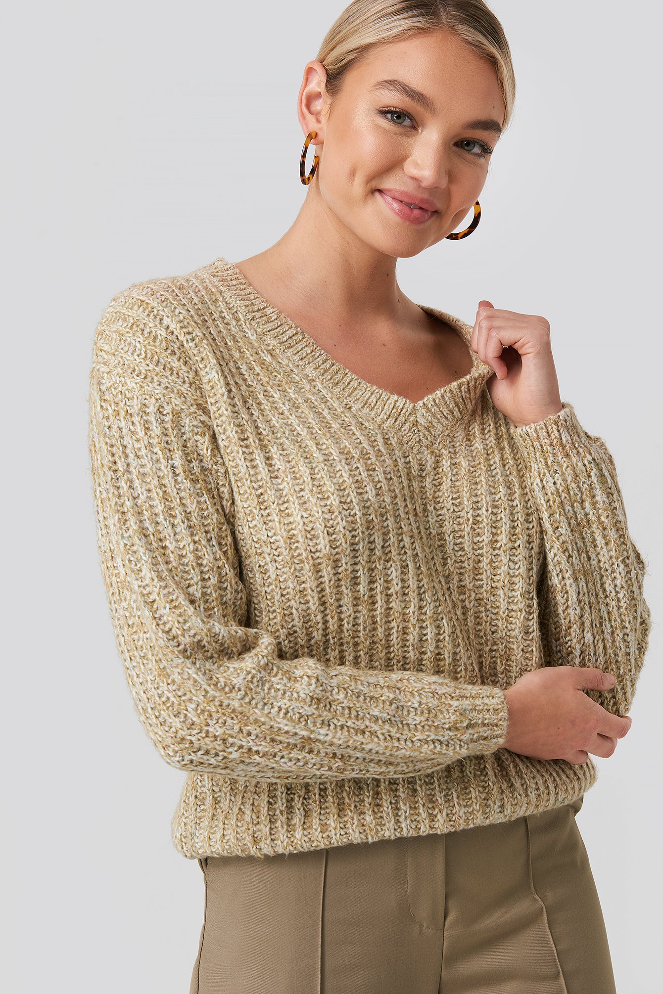 Beige Multi Color V-neck Knitted Sweater